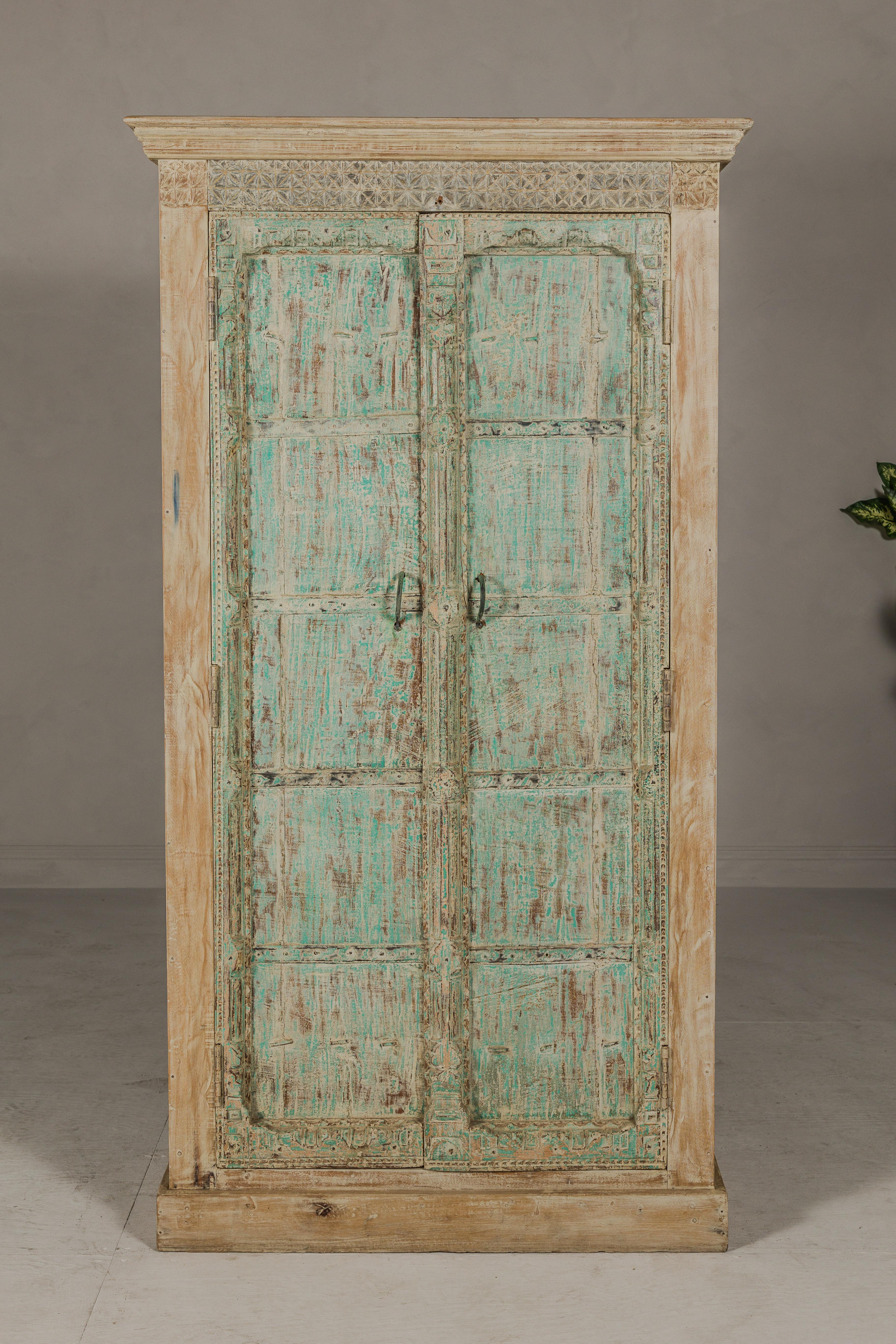 Carved Reclaimed Wood Almirah Armoire with Weathered Green Patina and Three Shelves  For Sale