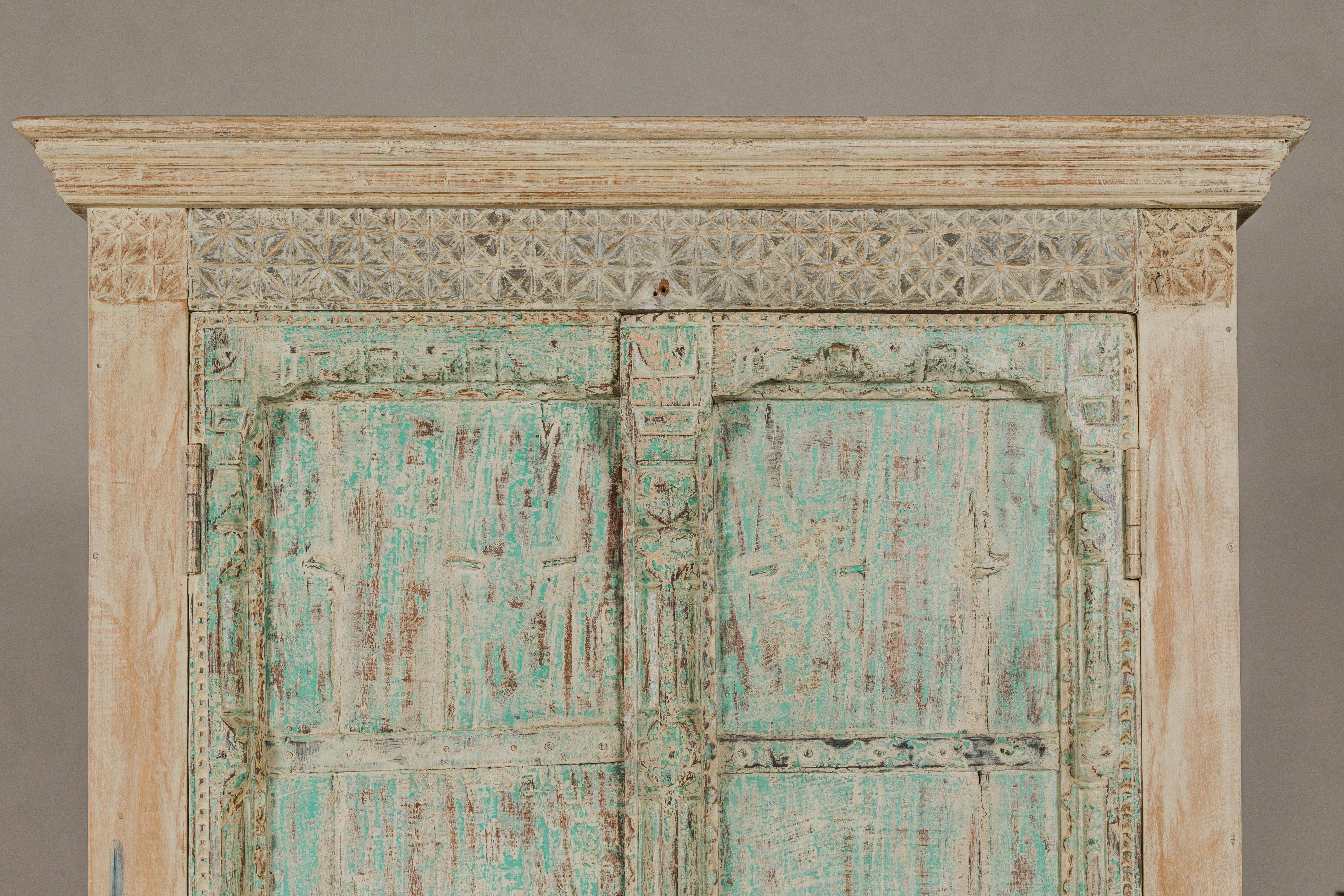 Reclaimed Wood Almirah Armoire with Weathered Green Patina and Three Shelves  In Good Condition For Sale In Yonkers, NY
