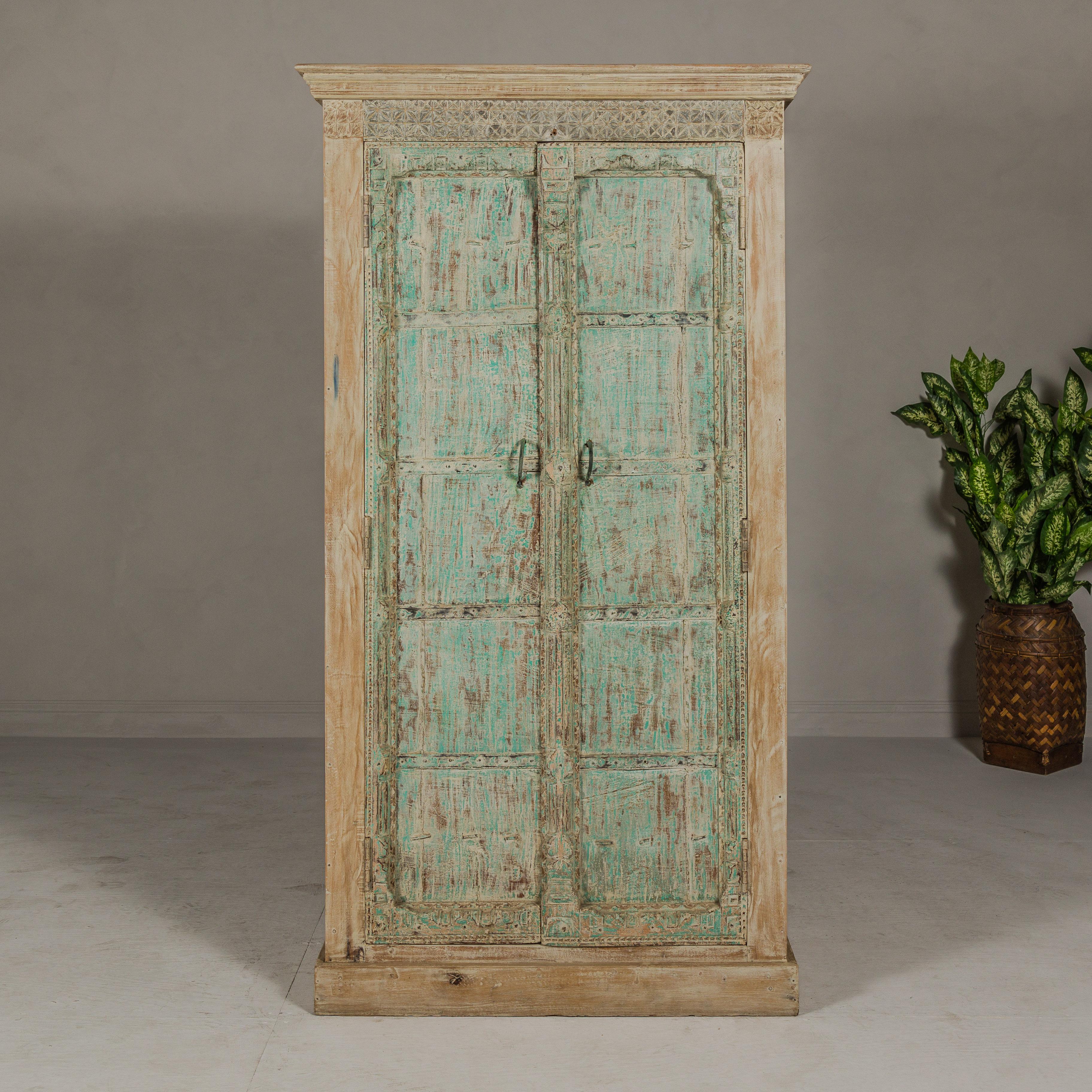Contemporary Reclaimed Wood Almirah Armoire with Weathered Green Patina and Three Shelves  For Sale