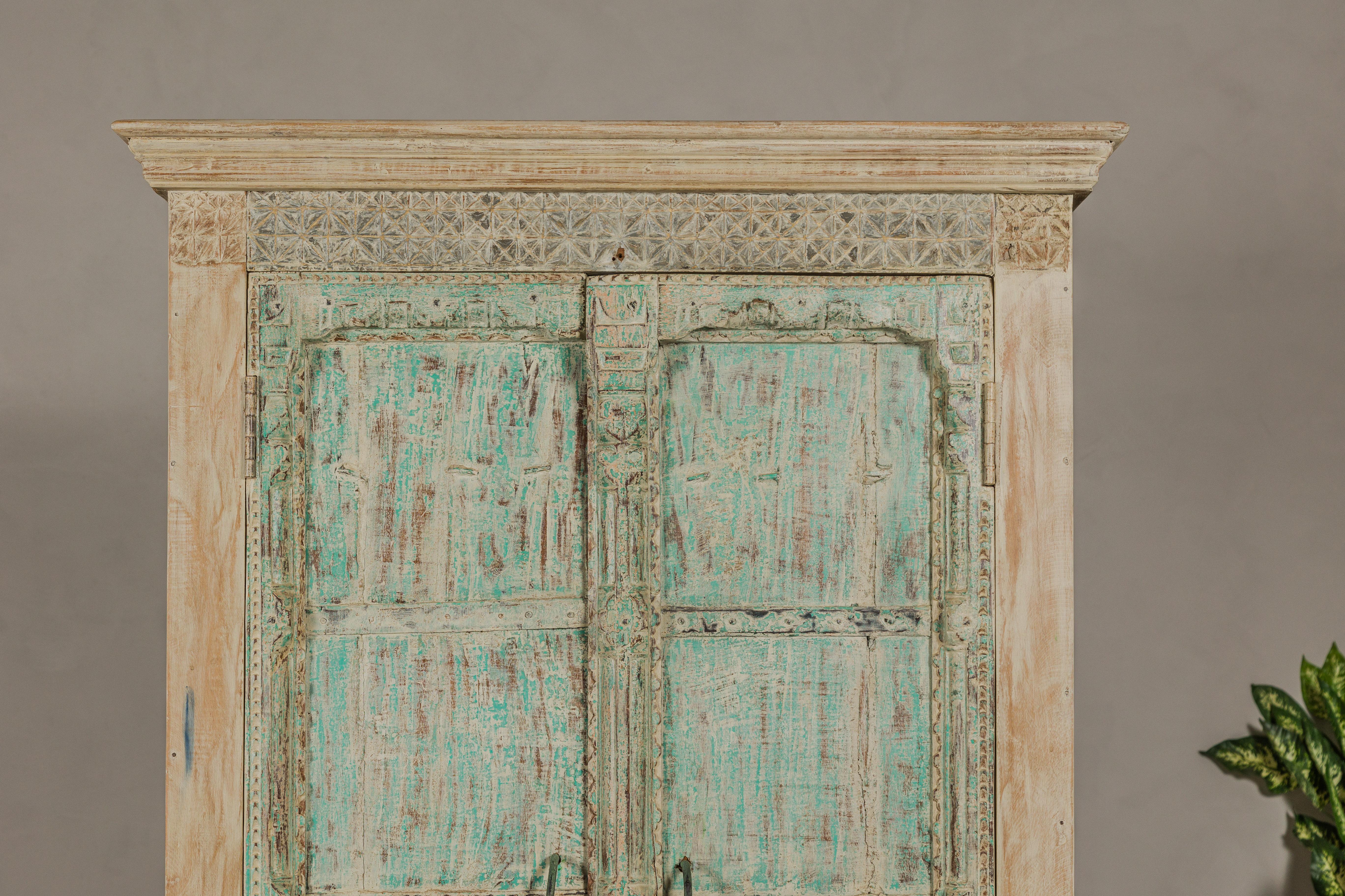 Reclaimed Wood Almirah Armoire with Weathered Green Patina and Three Shelves  For Sale 1