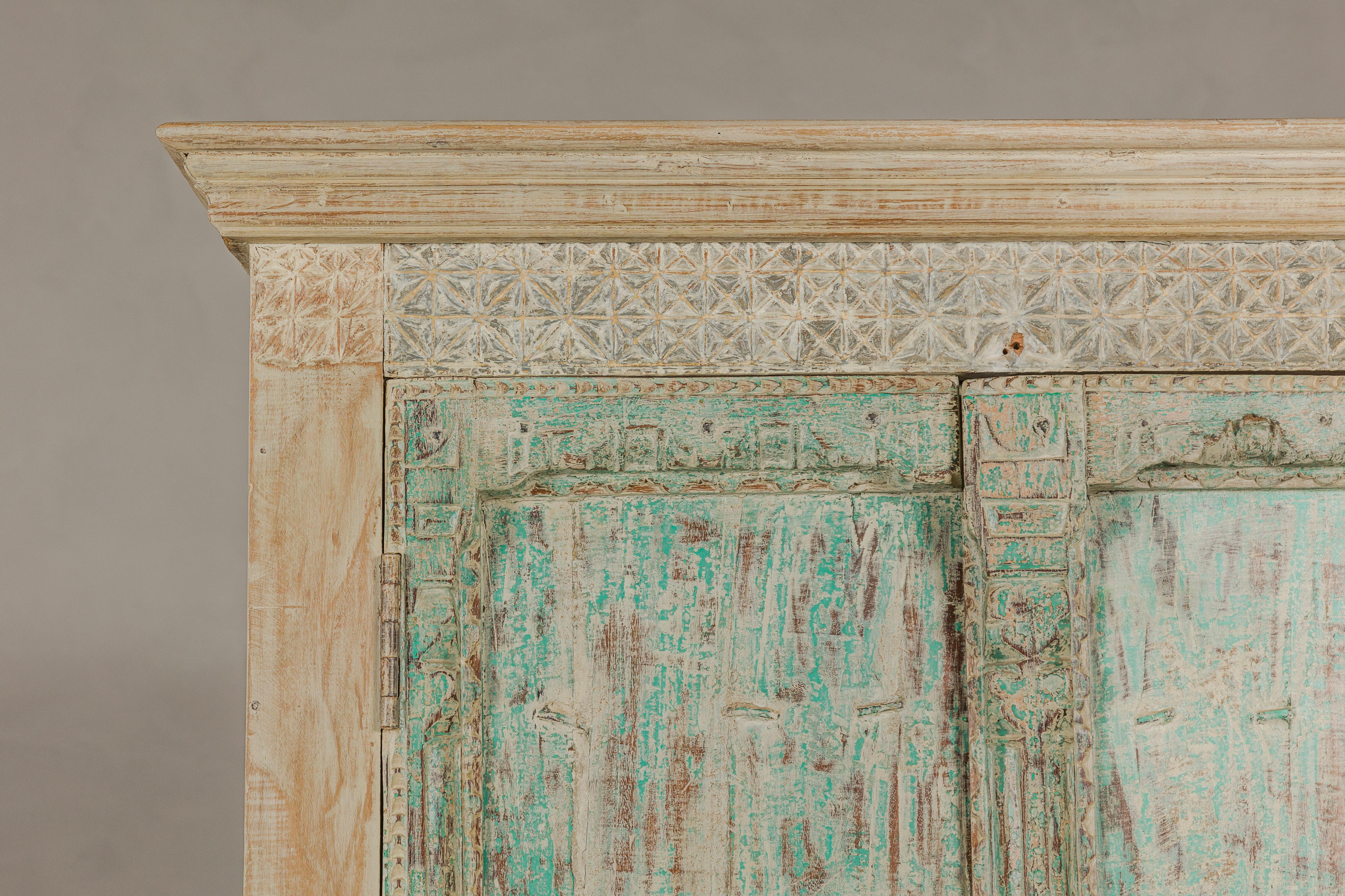 Reclaimed Wood Almirah Armoire with Weathered Green Patina and Three Shelves  For Sale 2