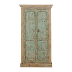 Antique Reclaimed Wood Almirah Armoire with Weathered Green Patina and Three Shelves 
