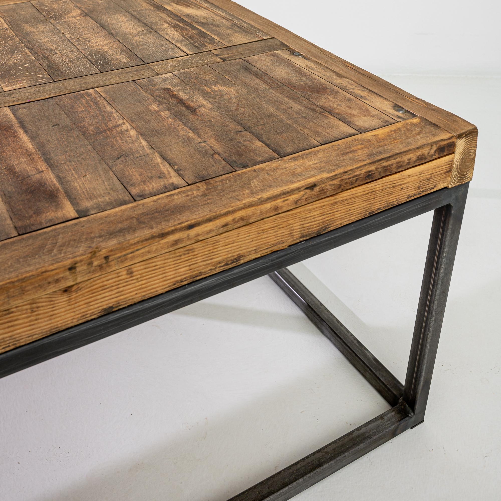 French Reclaimed Wood and Metal Minimal Coffee Table