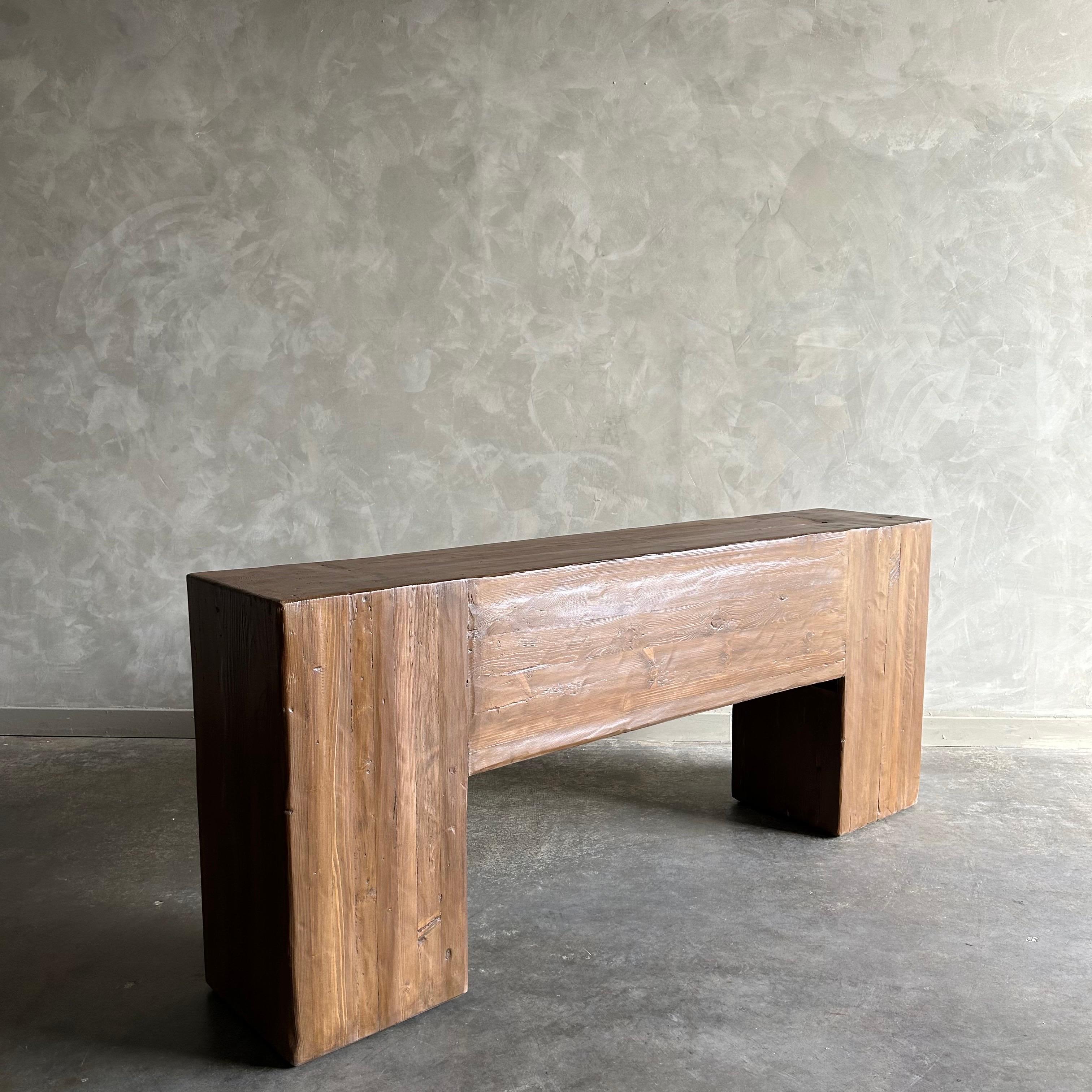 Contemporary Reclaimed Wood Beam Console Table in Walnut Finish For Sale