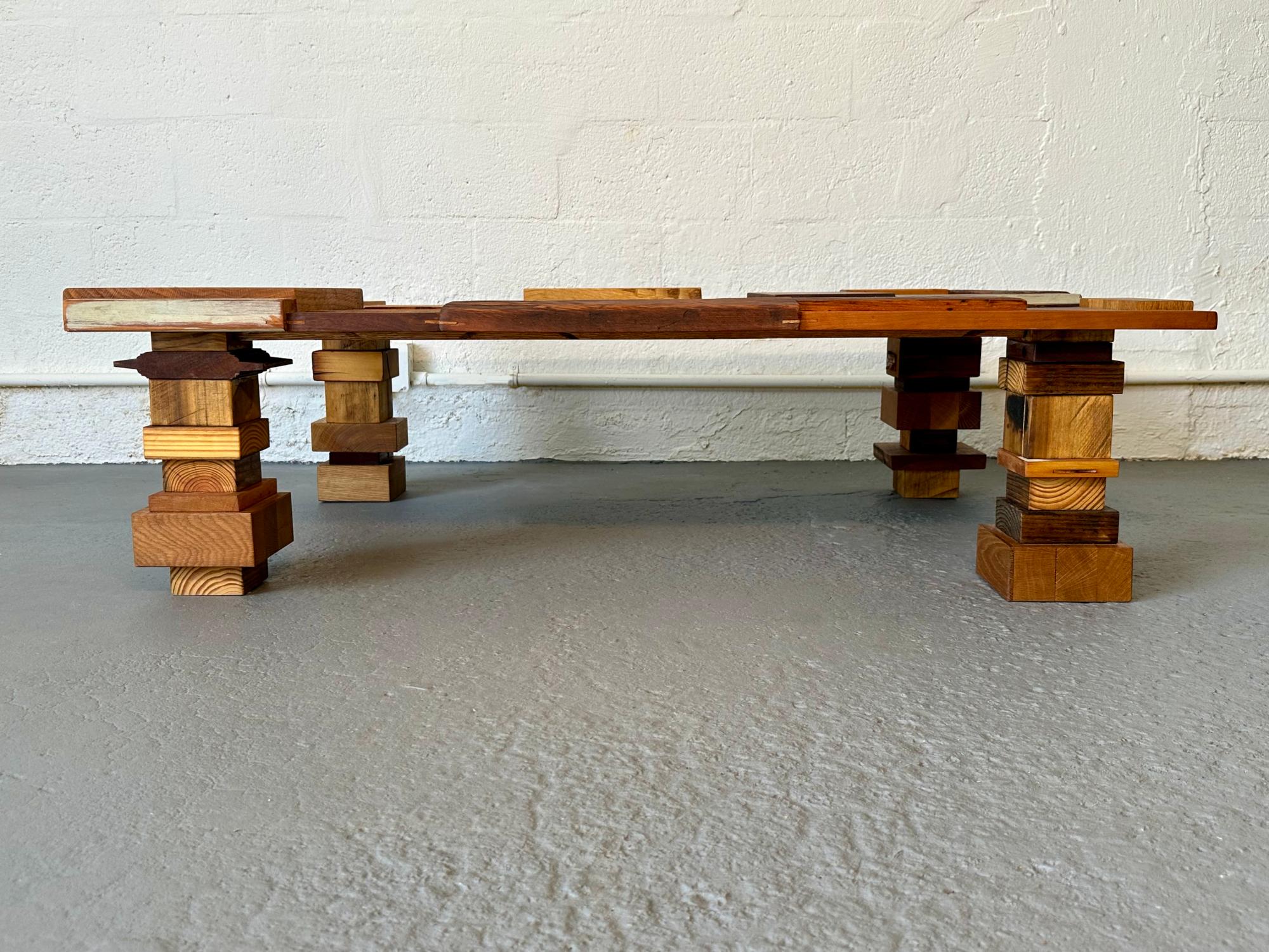 American Reclaimed Wood Block Coffee Table Designed and Handcrafted by Rafael Calvo For Sale