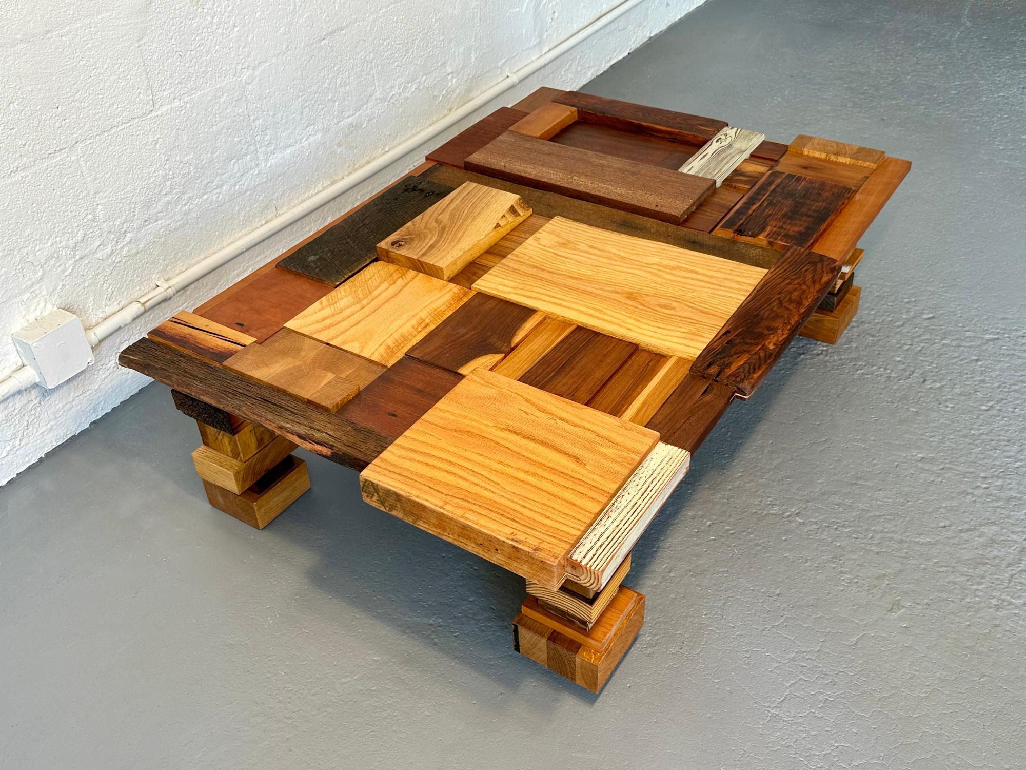 Hand-Crafted Reclaimed Wood Block Coffee Table Designed and Handcrafted by Rafael Calvo For Sale