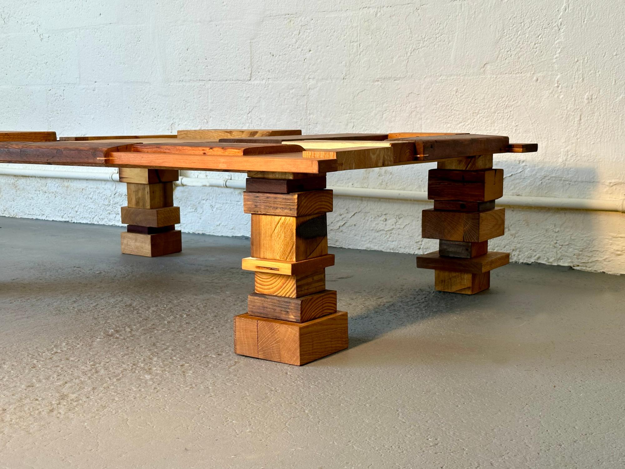 Contemporary Reclaimed Wood Block Coffee Table Designed and Handcrafted by Rafael Calvo For Sale