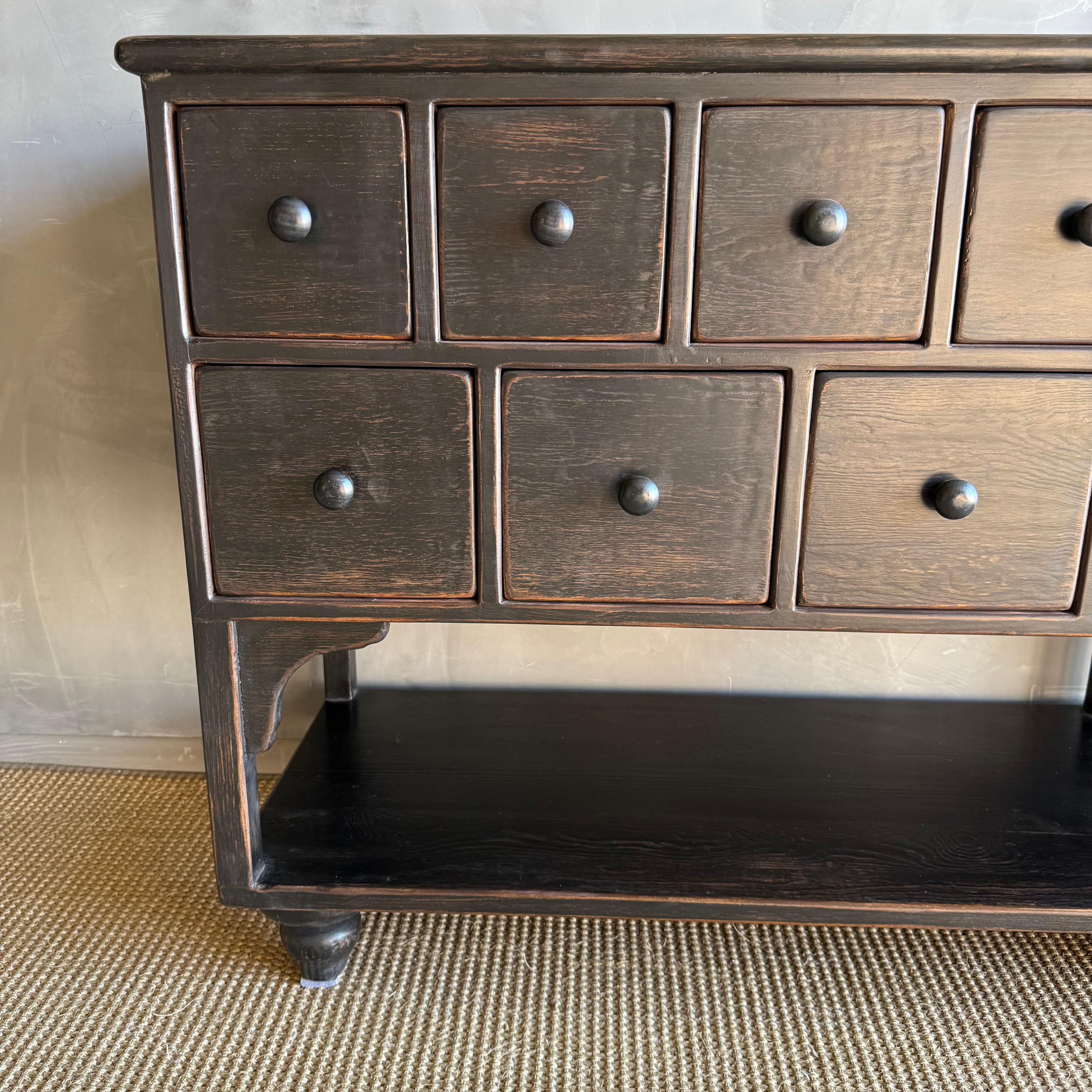 Elm Reclaimed Wood Console Table with 18 Drawers For Sale