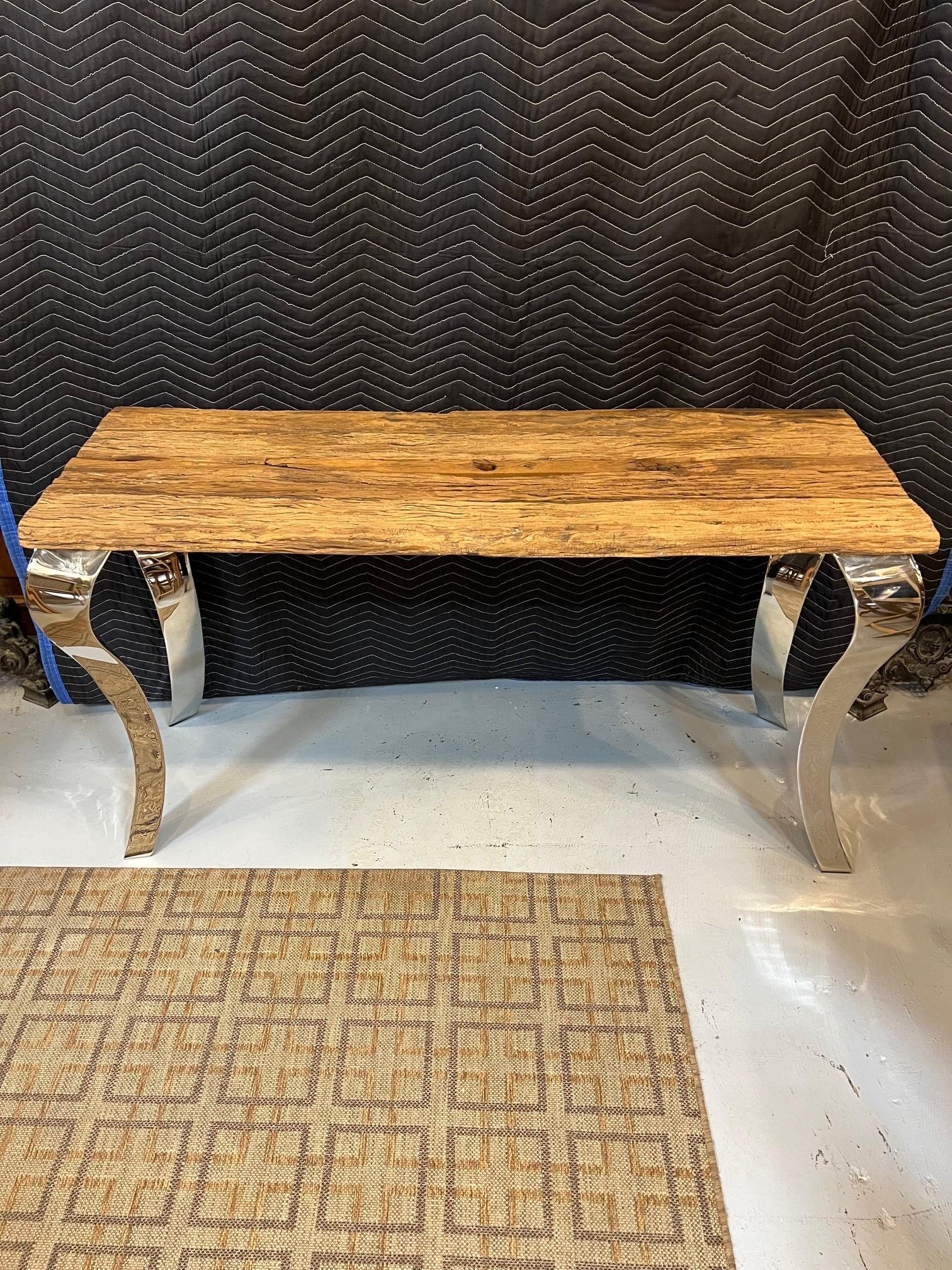 Reclaimed Wood Console Table with Glass Top & Nickel Plated Cabriole Legs For Sale 6
