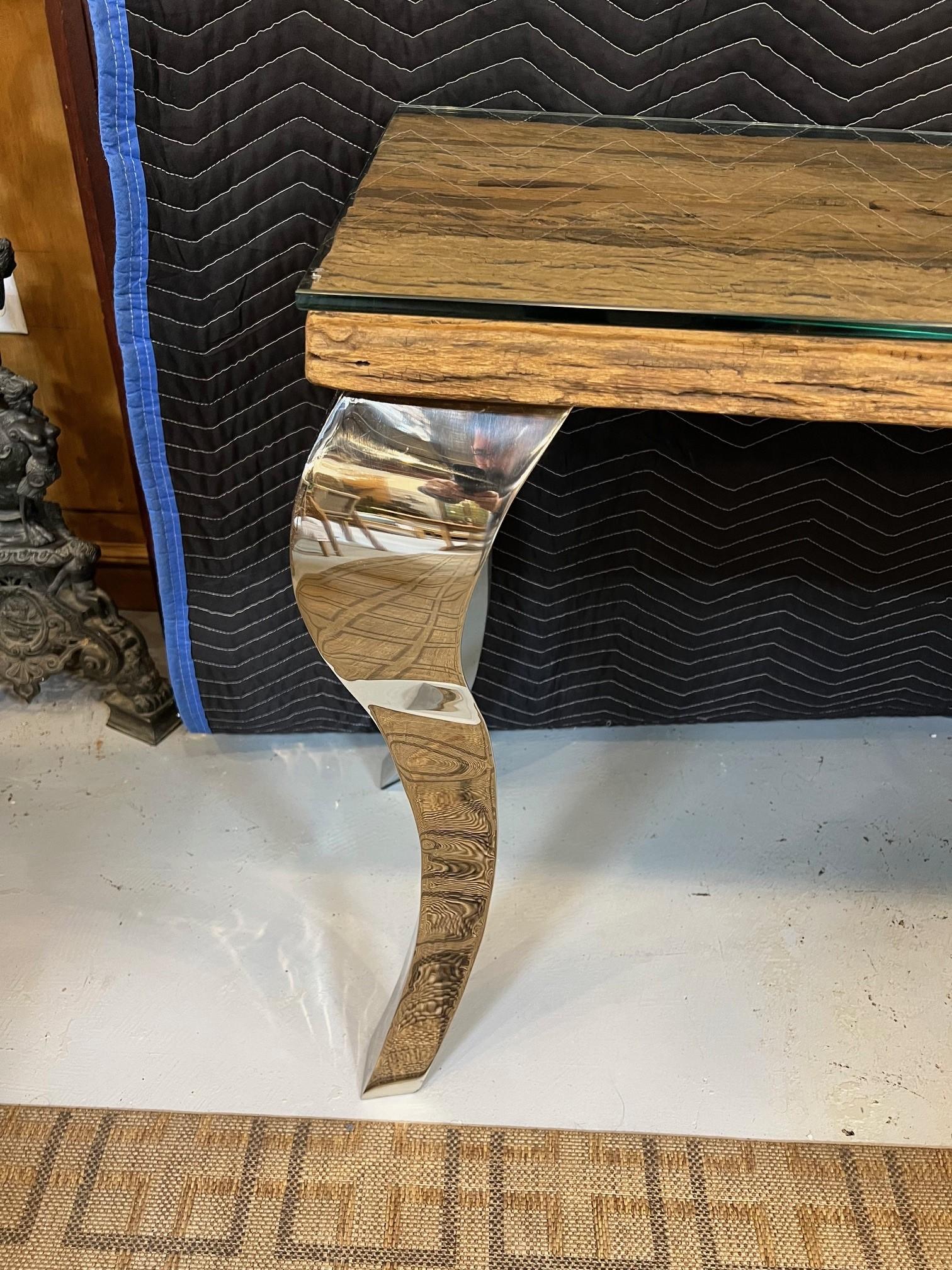 Indian Reclaimed Wood Console Table with Glass Top & Nickel Plated Cabriole Legs For Sale