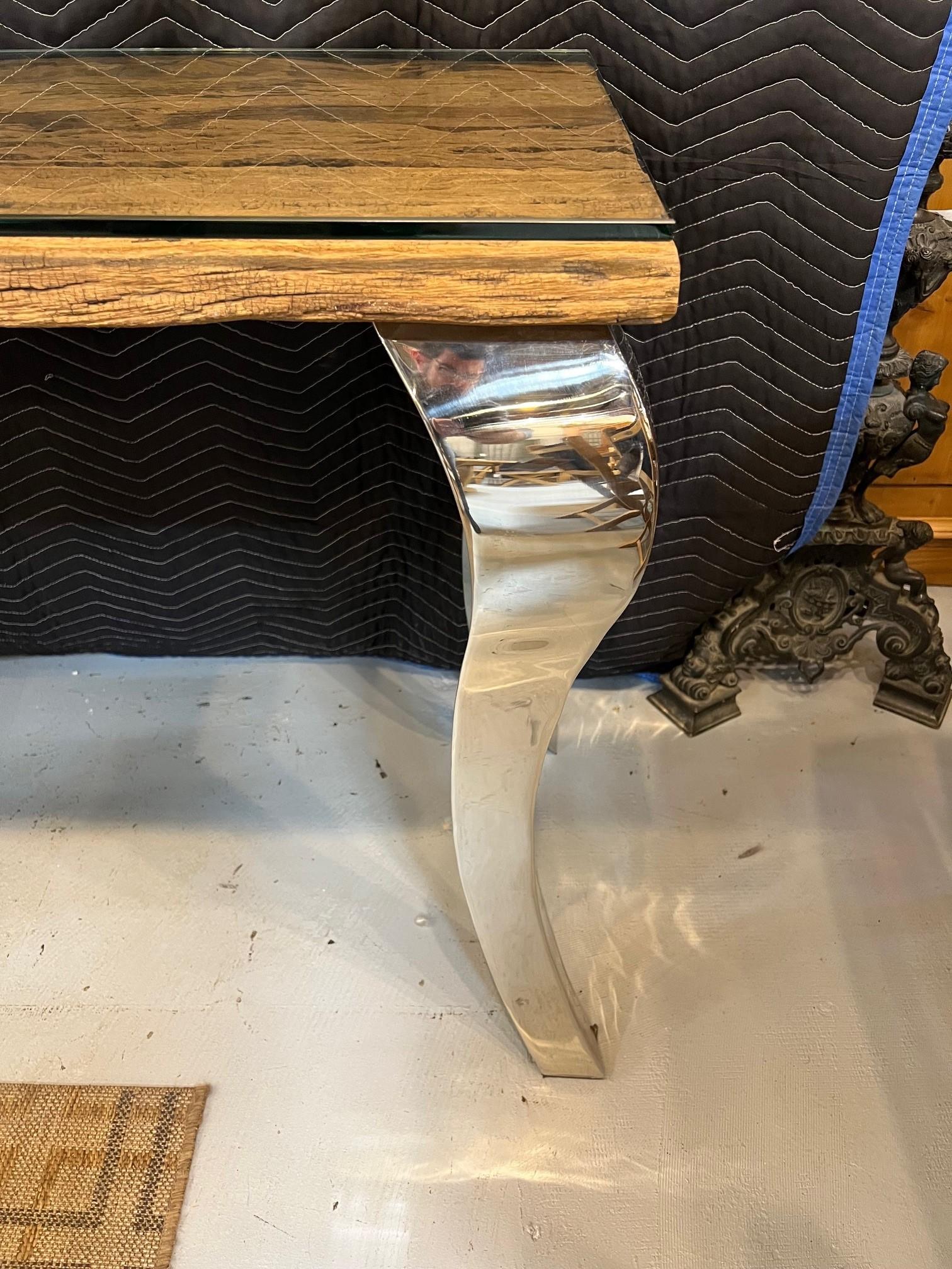 Reclaimed Wood Console Table with Glass Top & Nickel Plated Cabriole Legs In Good Condition For Sale In Stamford, CT