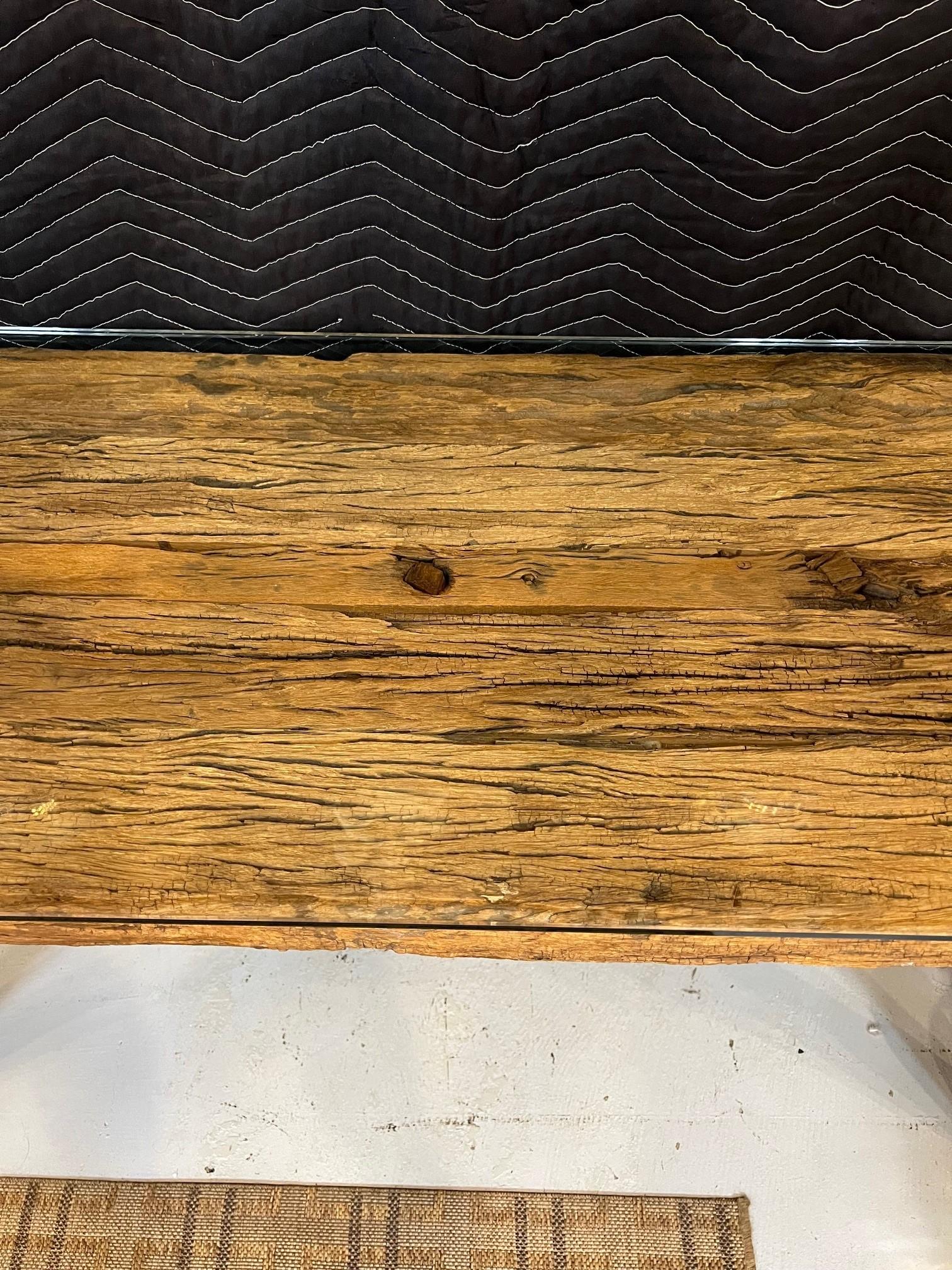 Reclaimed Wood Console Table with Glass Top & Nickel Plated Cabriole Legs For Sale 1