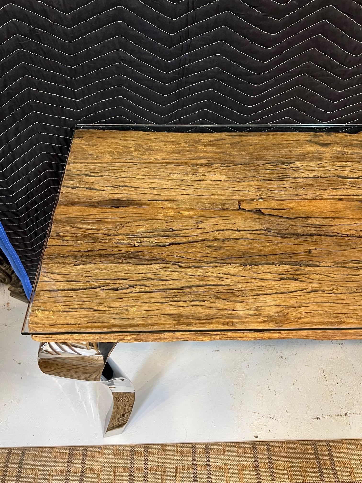 Reclaimed Wood Console Table with Glass Top & Nickel Plated Cabriole Legs For Sale 2