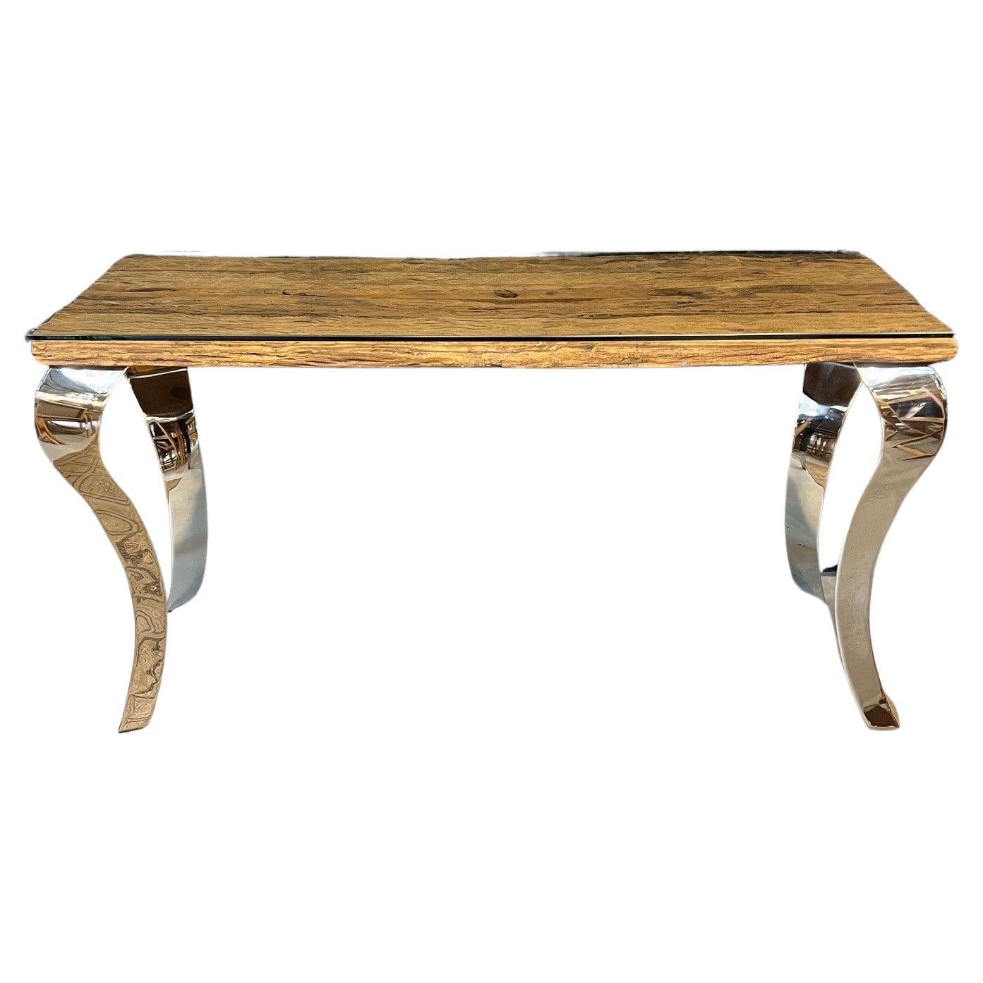Reclaimed Wood Console Table with Glass Top & Nickel Plated Cabriole Legs For Sale