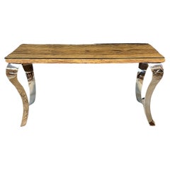 Reclaimed Wood Console Table with Glass Top & Nickel Plated Cabriole Legs