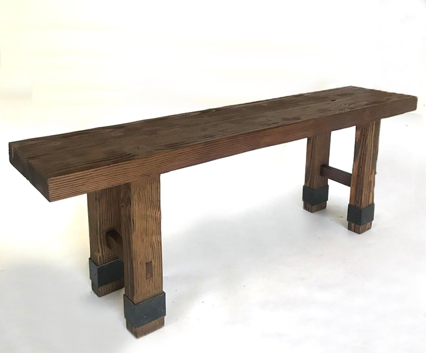 Console made from reclaimed Douglas fir. Iron banding on legs. 
Can be made in custom sizes and finishes. See color chart. This particular one is available off the floor
Made in Los Angeles by Dos Gallos Studio.