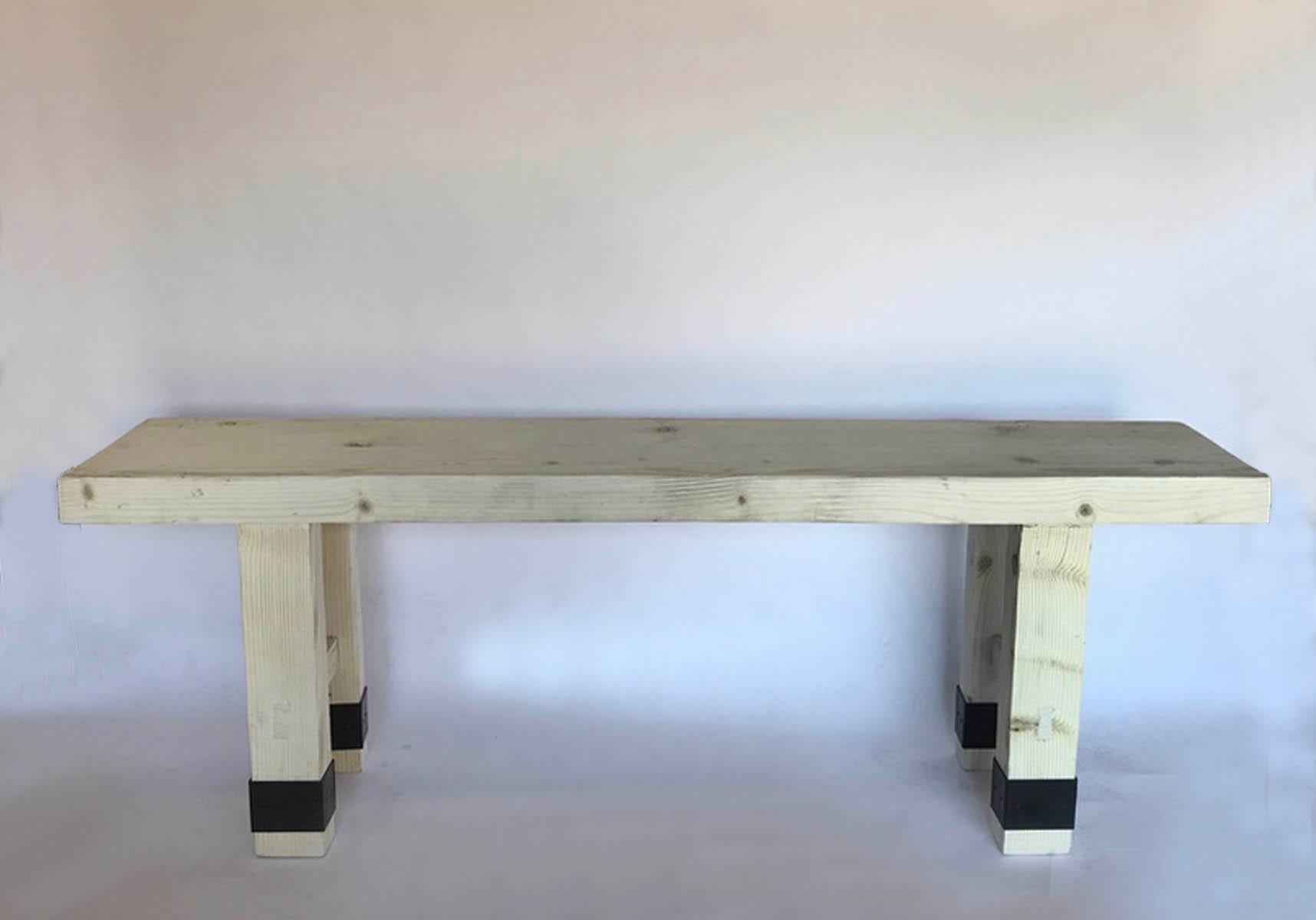 Console made from reclaimed Douglas fir. Bleached finish. Iron banding on legs. 
Can be made in custom sizes and finishes. See color chart. This particular one is available off the floor
Made in Los Angeles by Dos Gallos Studio.