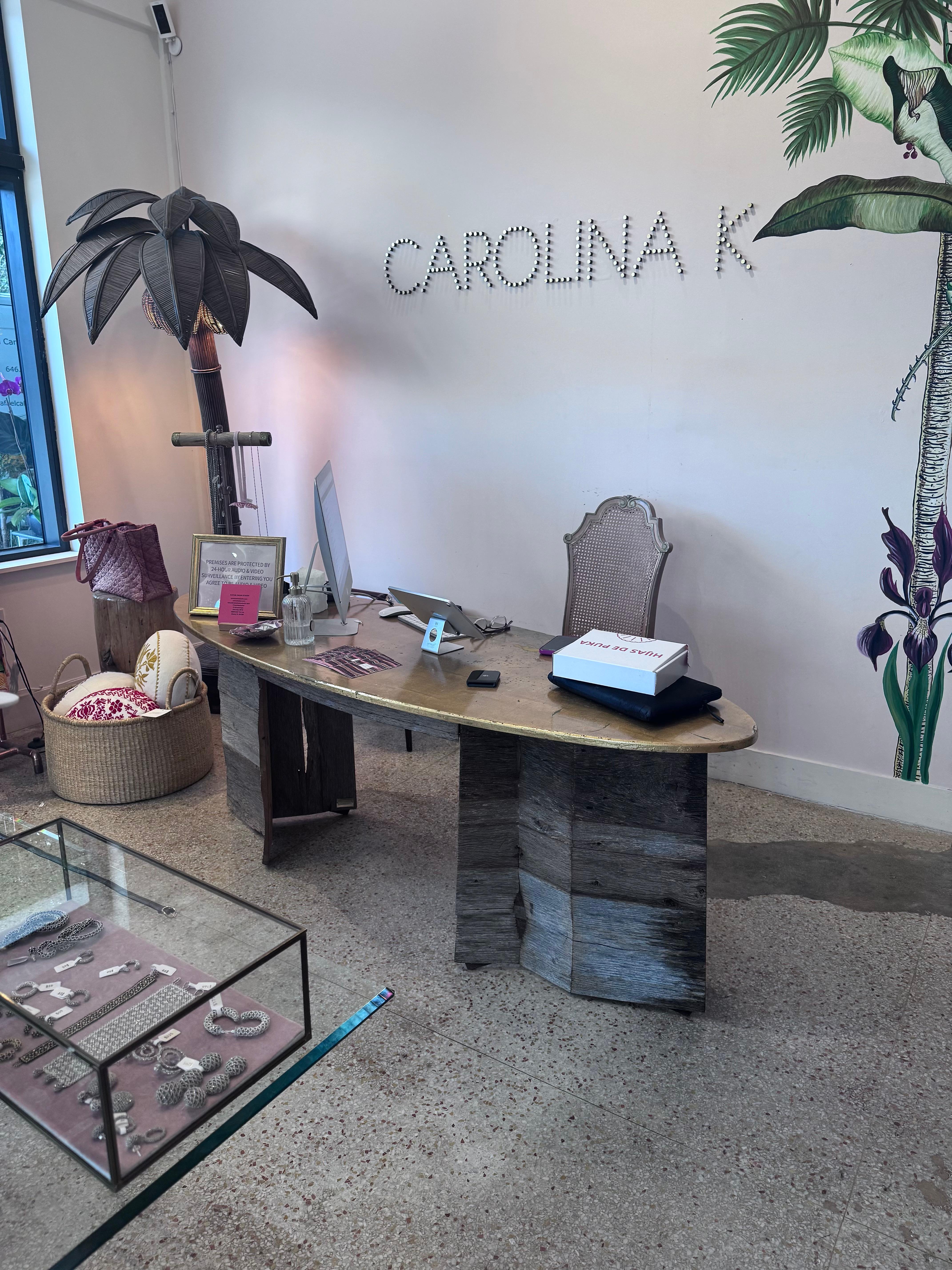 Contemporary Reclaimed Wood Golden Desk, Designed and Handcrafted by Rafael Calvo For Sale