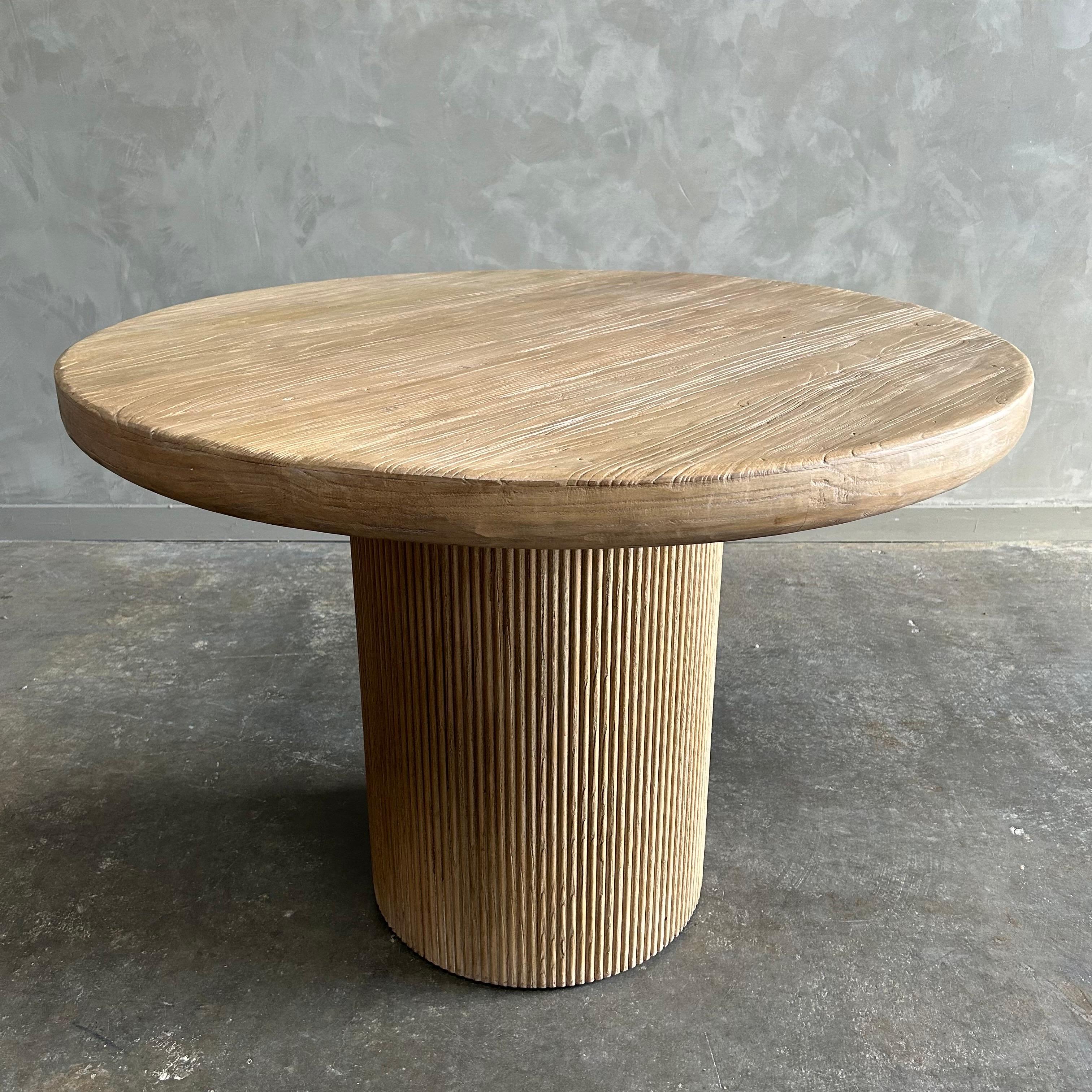 Organic Modern Reclaimed Wood Round Reeded Base Dining Table For Sale