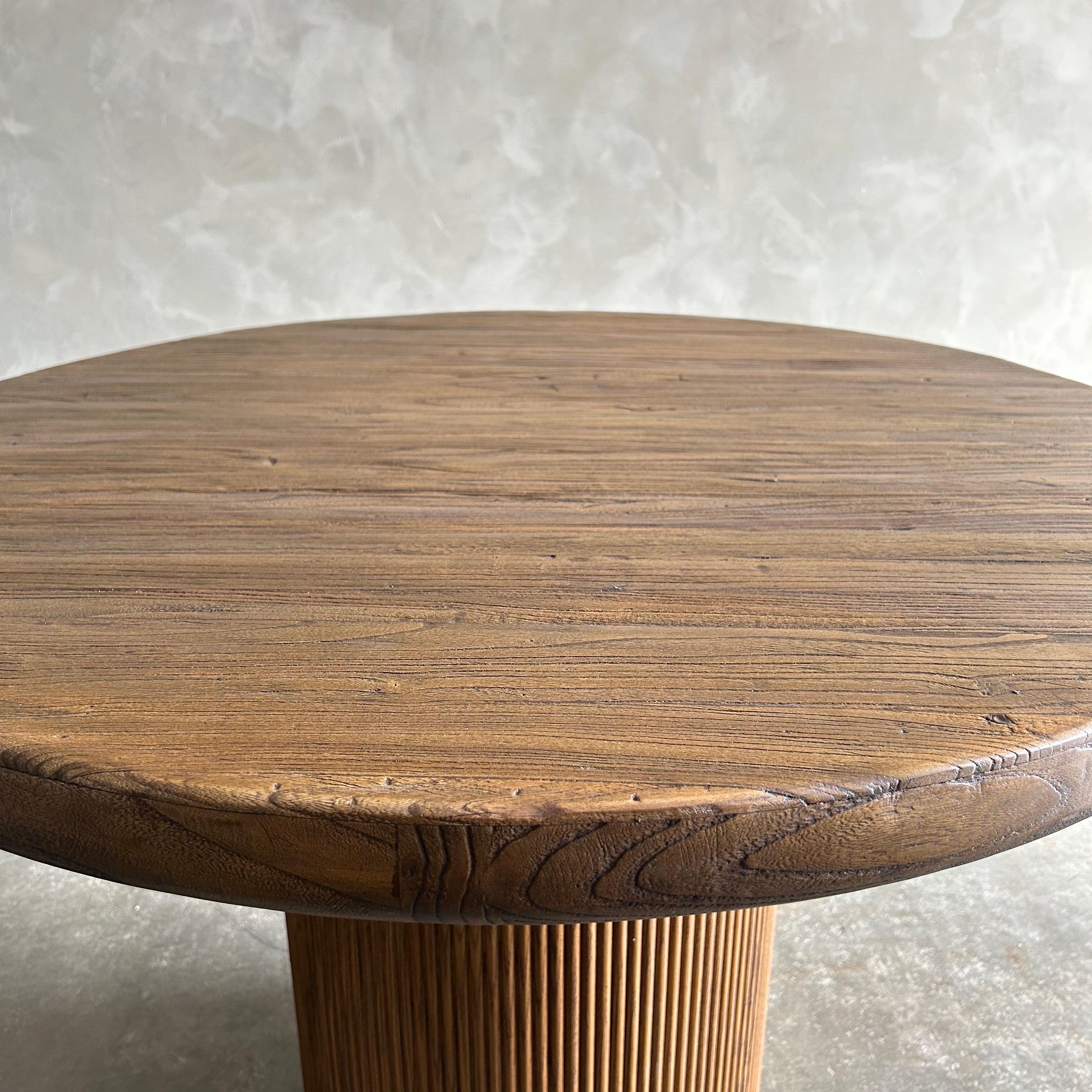 Organic Modern Reclaimed Wood Round Reeded Base Dining Table in Dark Walnut Finish