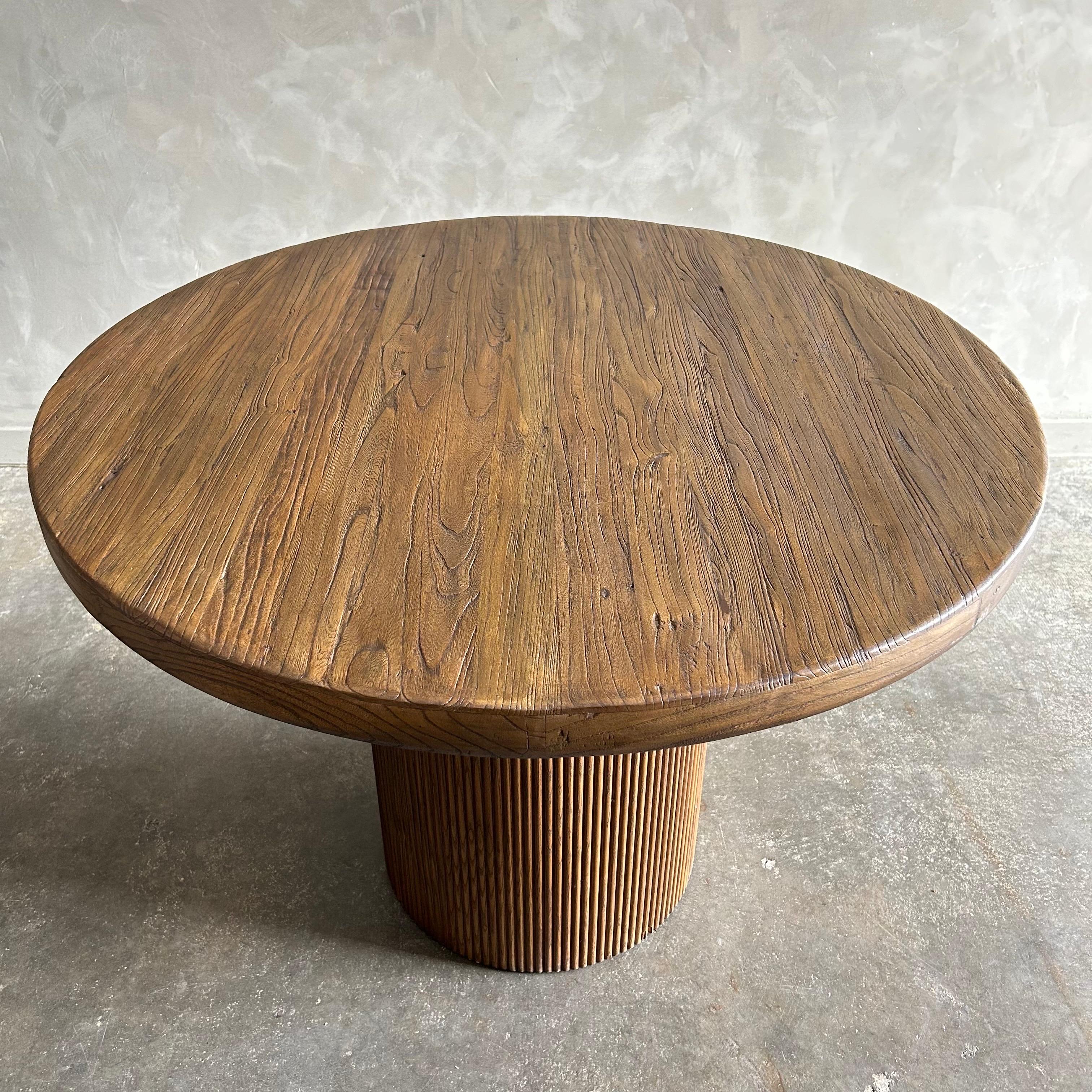Reclaimed Wood Round Reeded Base Dining Table in Dark Walnut Finish 1