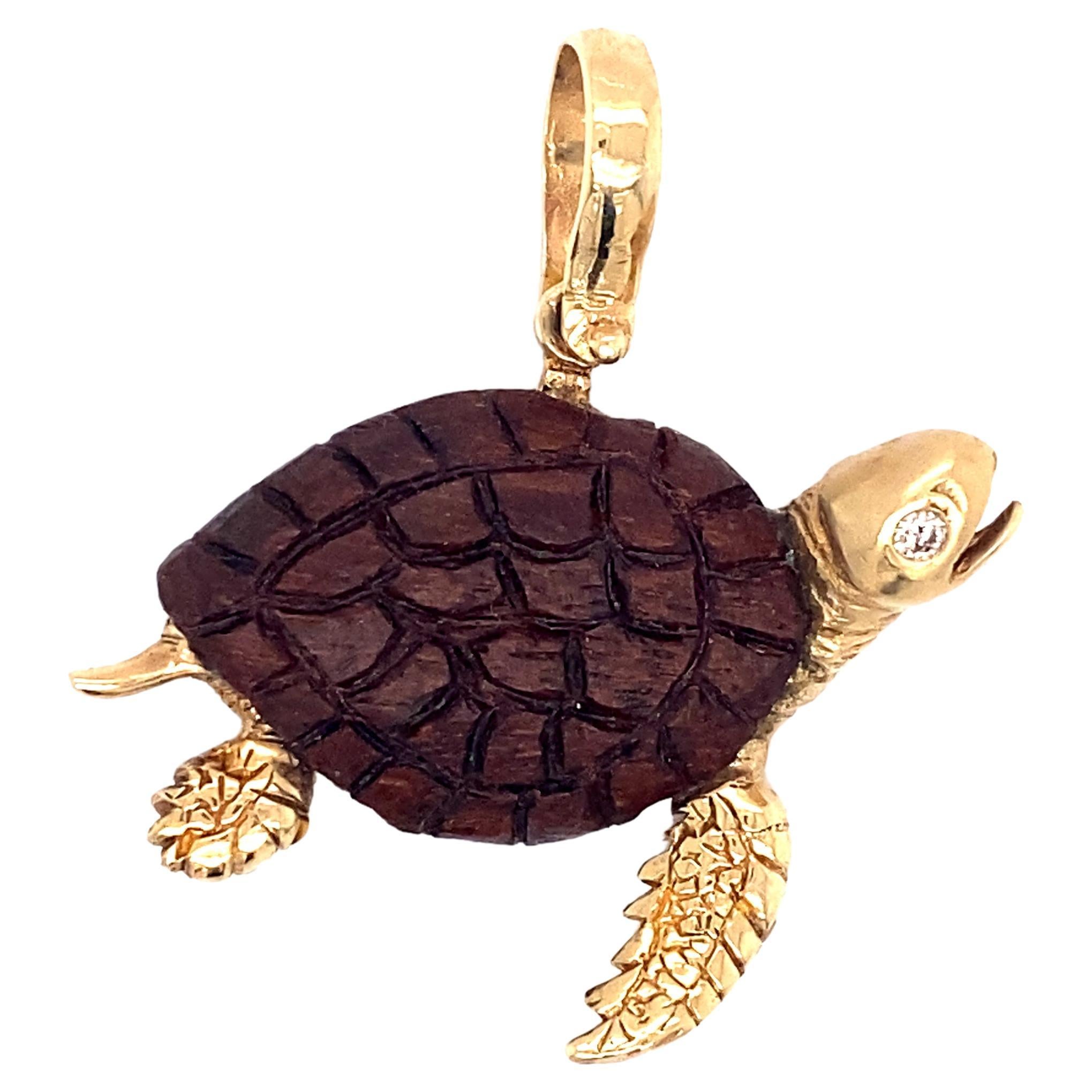 Reclaimed Wood Sea Turtle Pendant with Diamond Eye in 14 Karat Gold