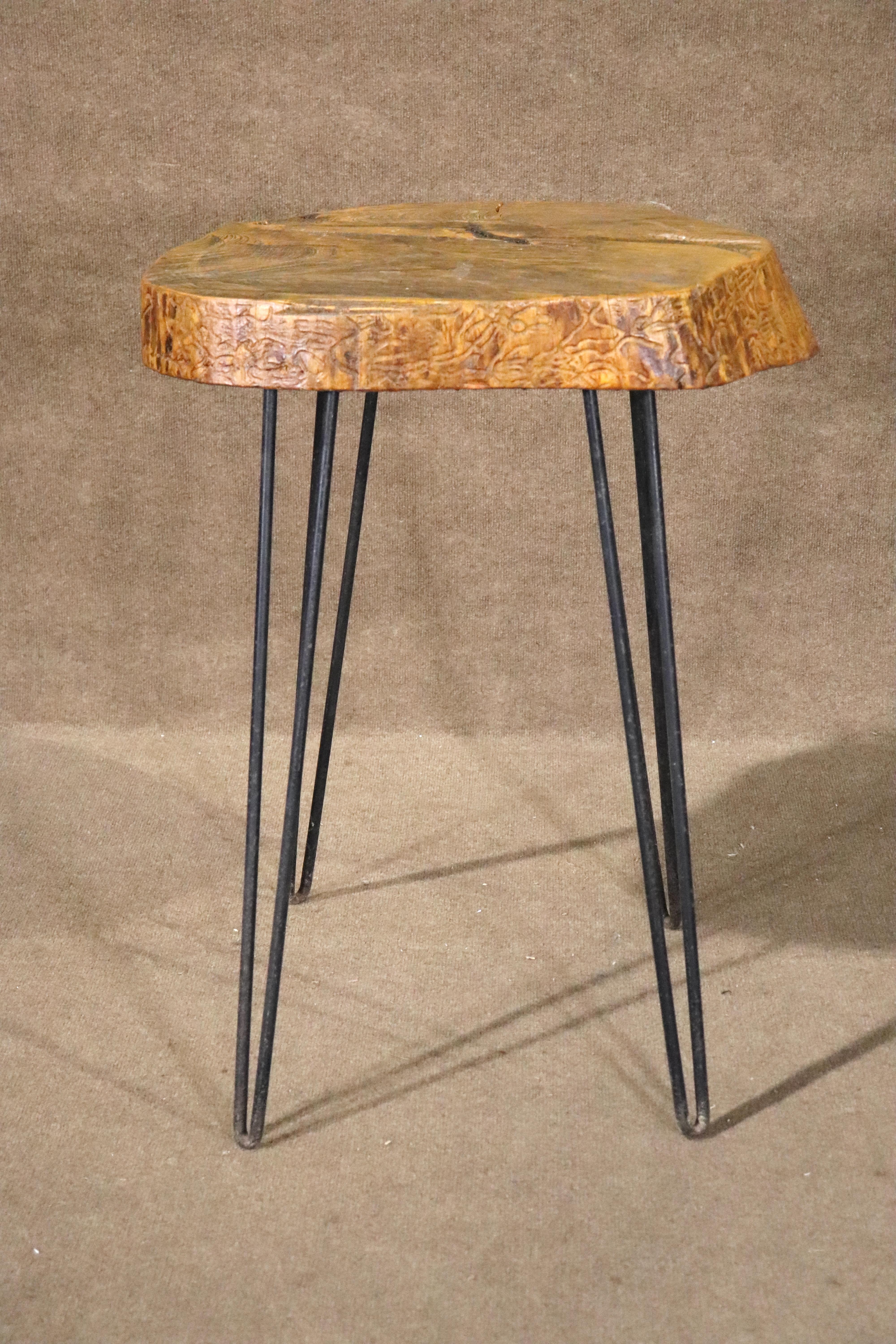 Rustic side table made of reclaimed wood top and iron hairpin legs. 
Please confirm location NY or NJ