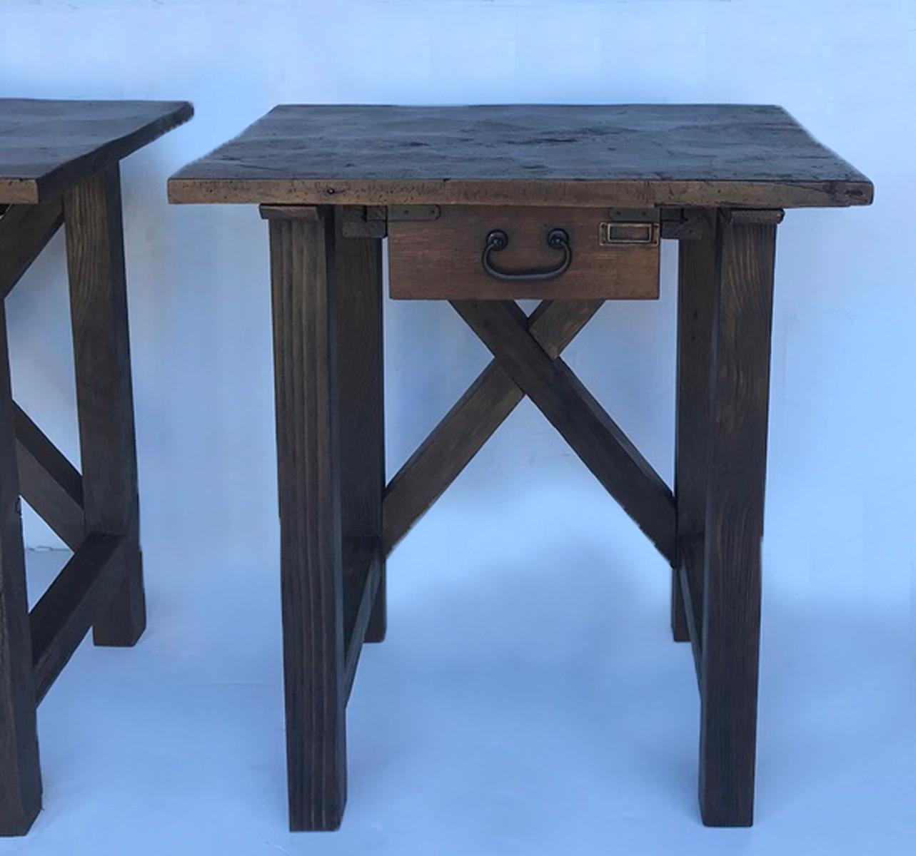 These side tables, or nightstands, are made from old reclaimed wood and vintage Japanese drawers. The tops are hand hewn and have a nice patina. Old Japanese drawers with original iron hardware.
Sold and priced separately.