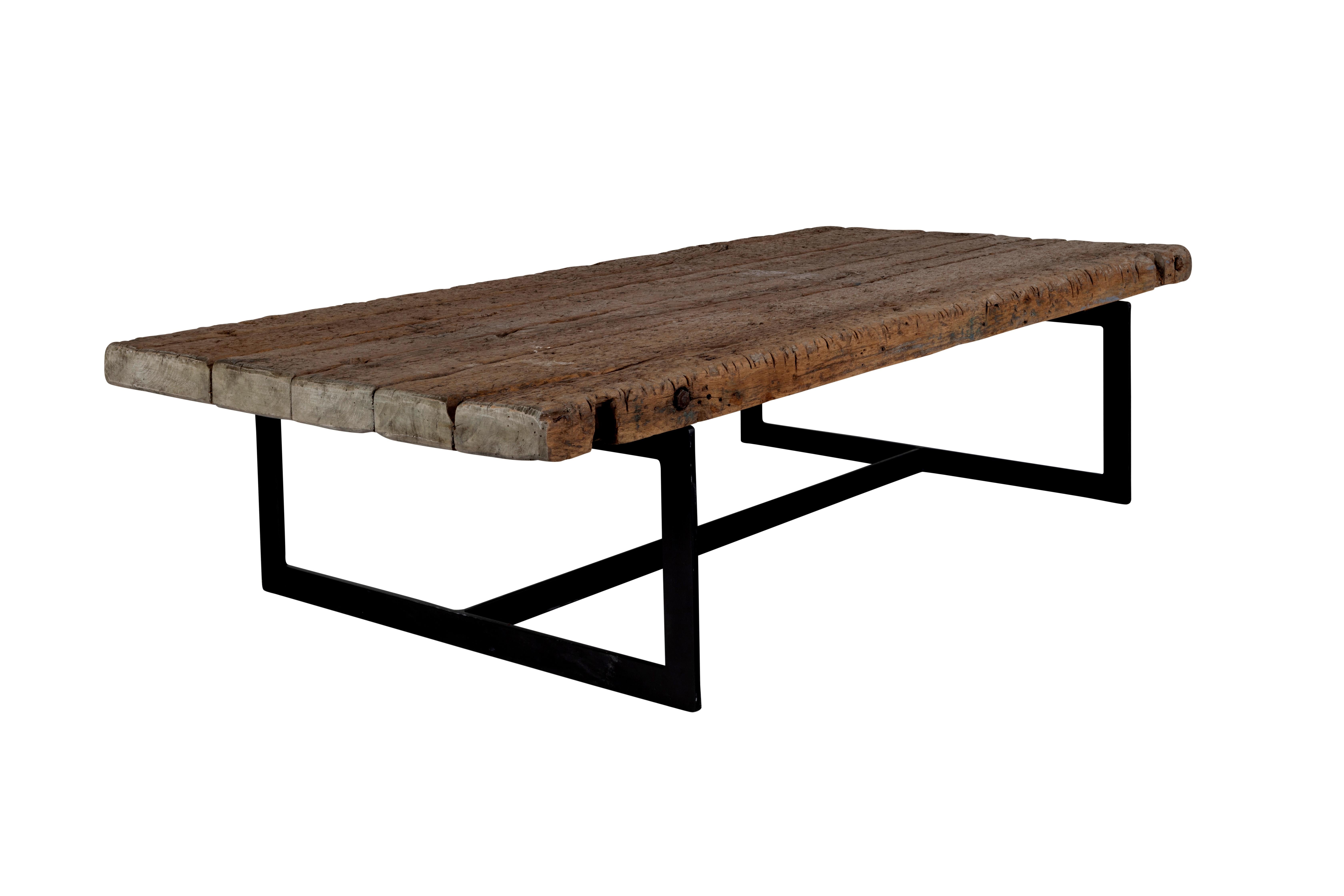 Organic Modern Reclaimed Wood Top Coffee Table with Metal Base For Sale