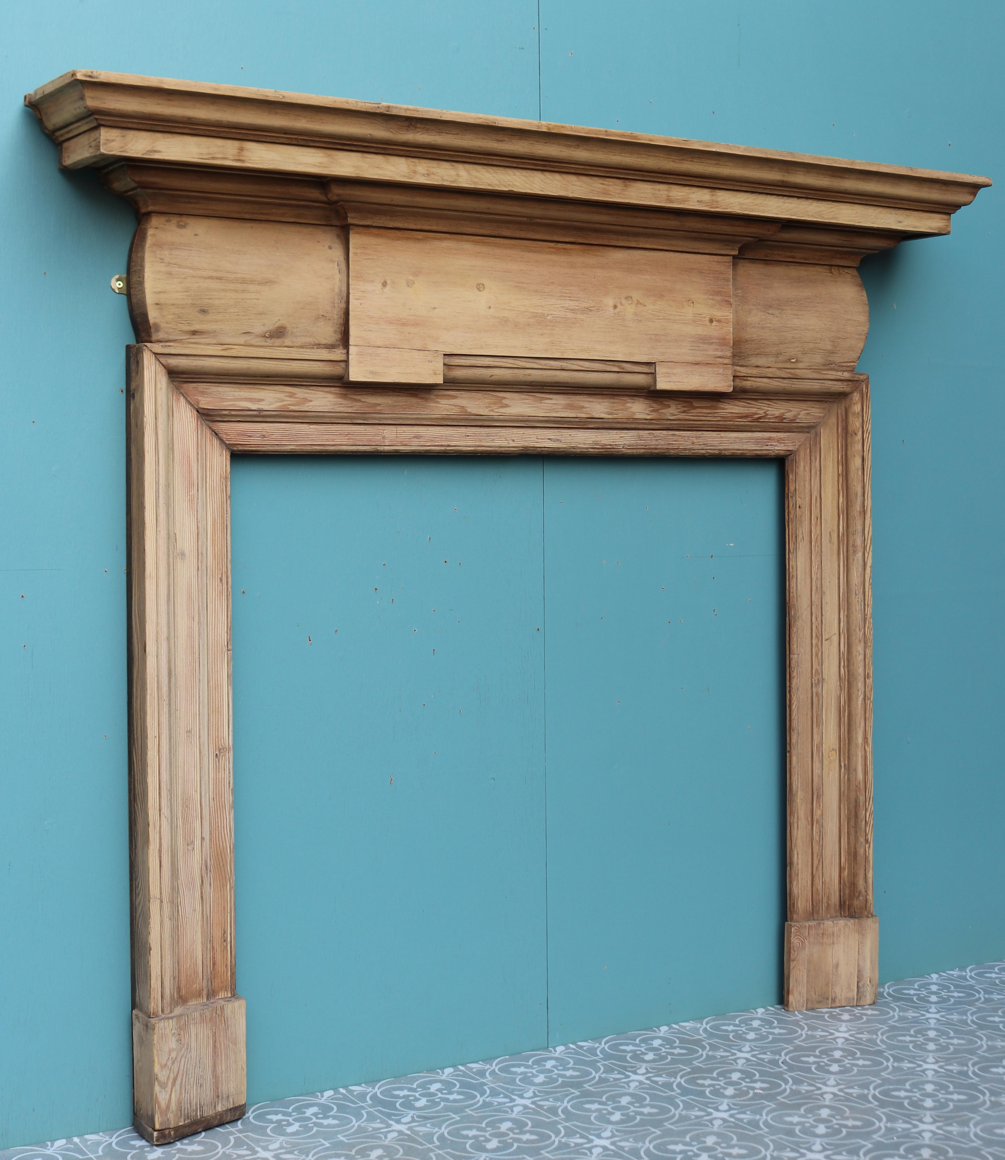 An antique Victorian period fire surround constructed from pine.
 
Additional Dimensions:
 
Opening Height 93 cm
 
Opening Width 99.5 cm
 
Width between outside of foot blocks 129.5 cm