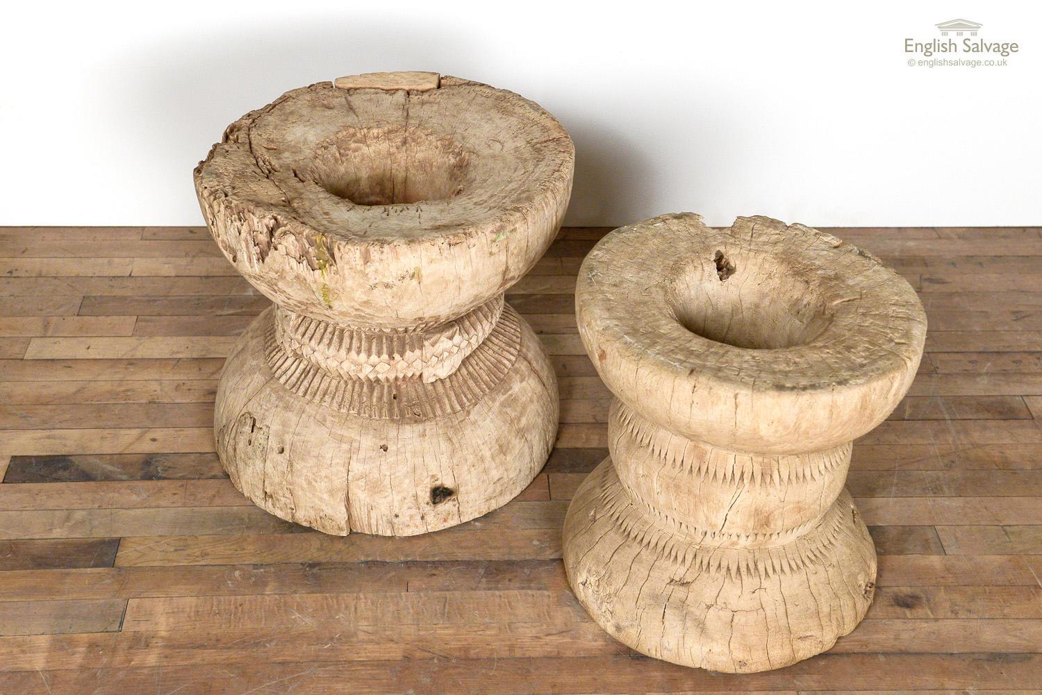 Salvaged softwood hand carved wooden reels or grinders which could be incorporated into an interior design in any number of ways: stools, tables, stands or as stand-alone decorative pieces. They are well-weathered with lots of age-related loss and