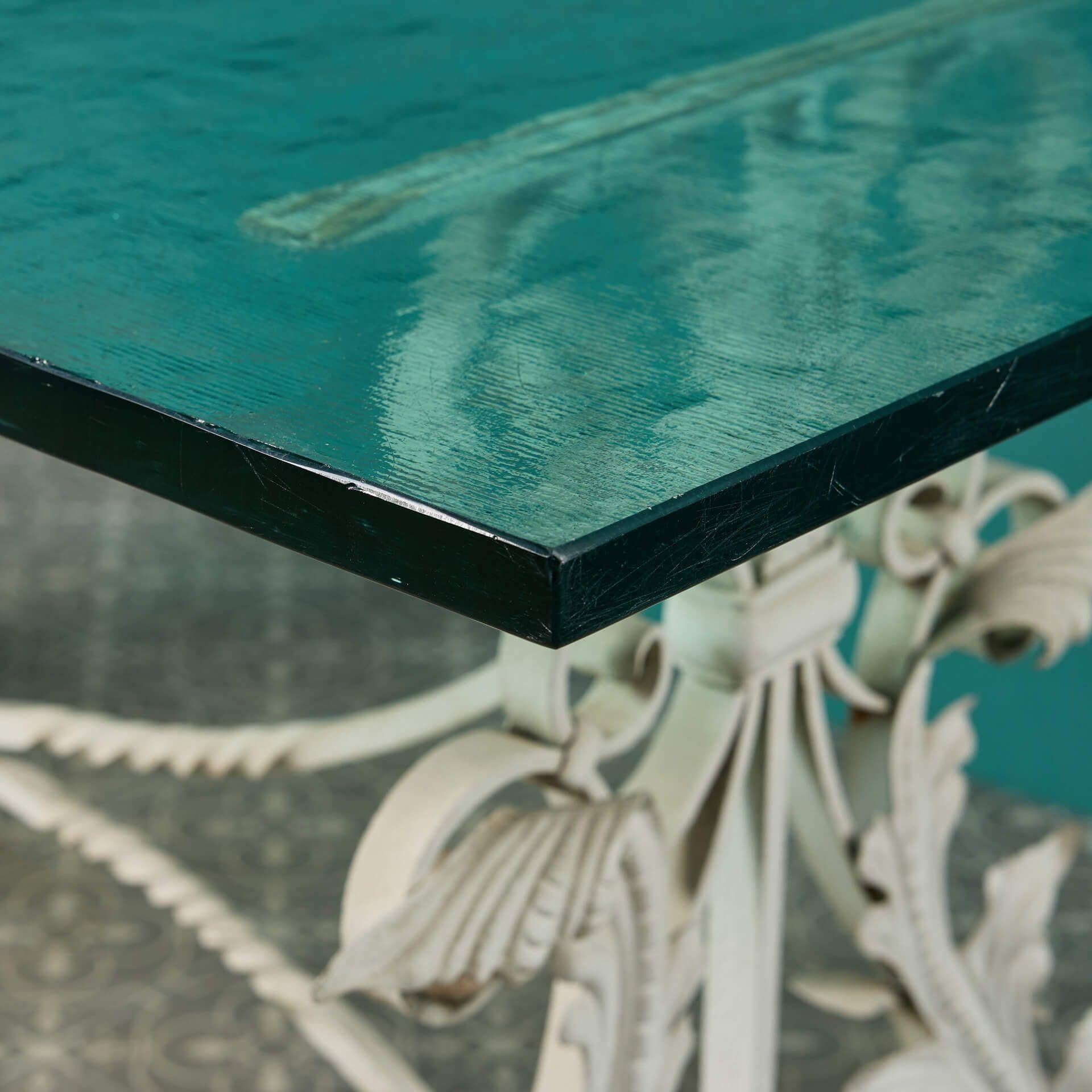 Reclaimed Wrought Iron & Glass Garden Table In Fair Condition For Sale In Wormelow, Herefordshire