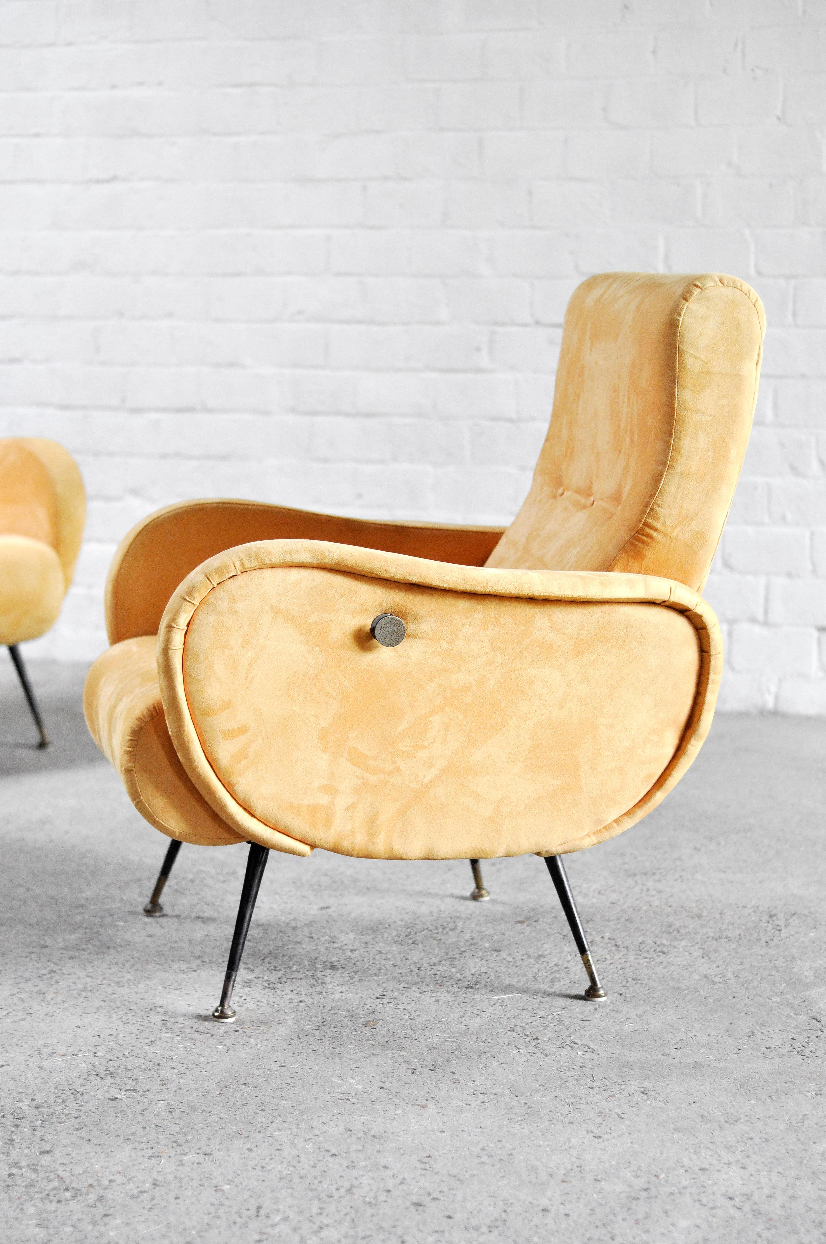 Italian Reclining Armchairs in Yellow Velvet by Marco Zanuso, Italy, 1950s, Set of 2