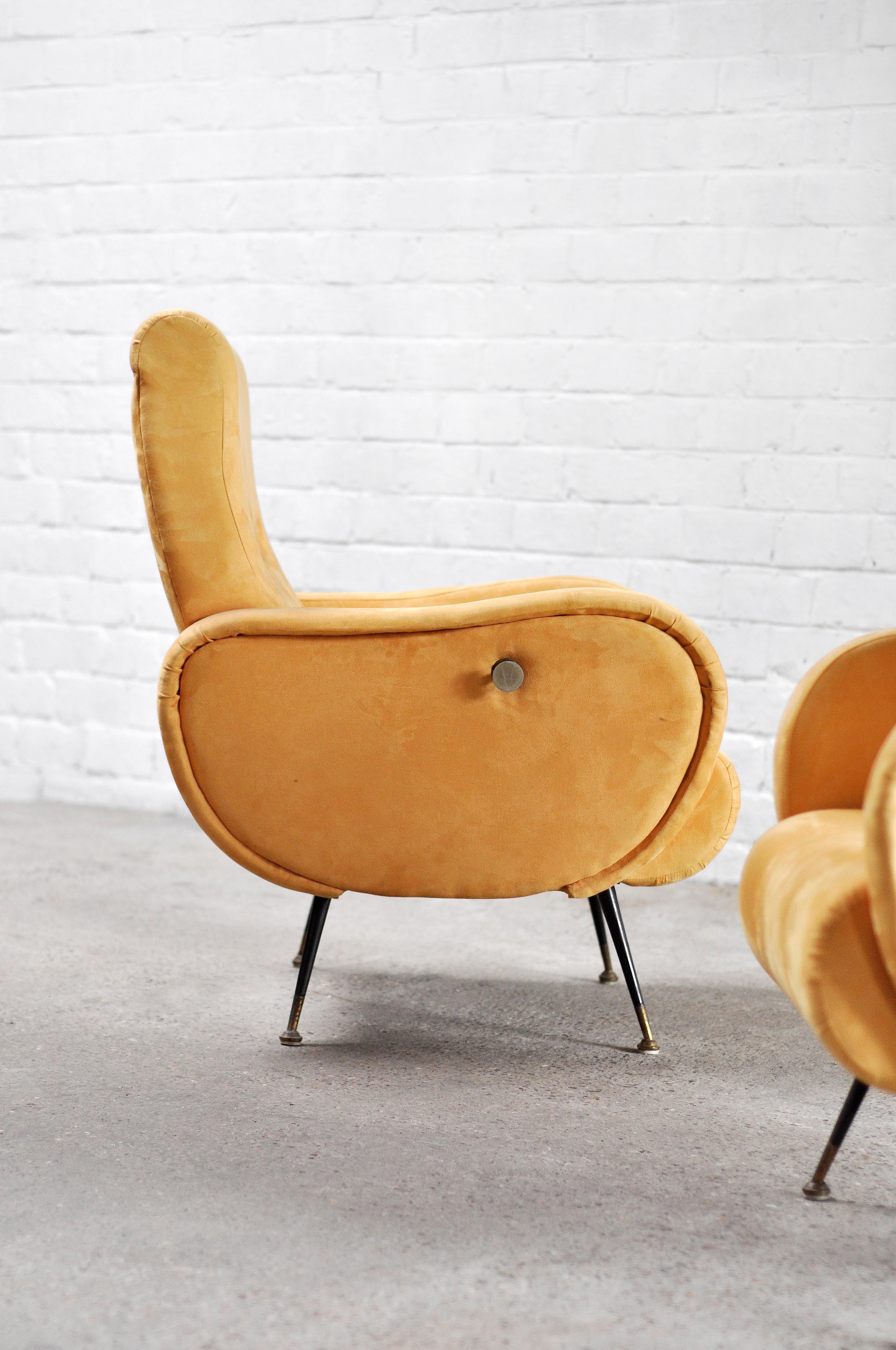 Mid-20th Century Reclining Armchairs in Yellow Velvet by Marco Zanuso, Italy, 1950s, Set of 2