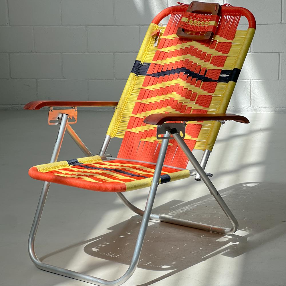- Trama 6 - main color: orange - secondary colors: yellow, navy.
- structure color: natural aluminum.

beach chair, country chair, garden chair, lawn chair, camping chair, folding chair, stylish chair, funky chair, armchair

DENGÔ -
A handmade work,