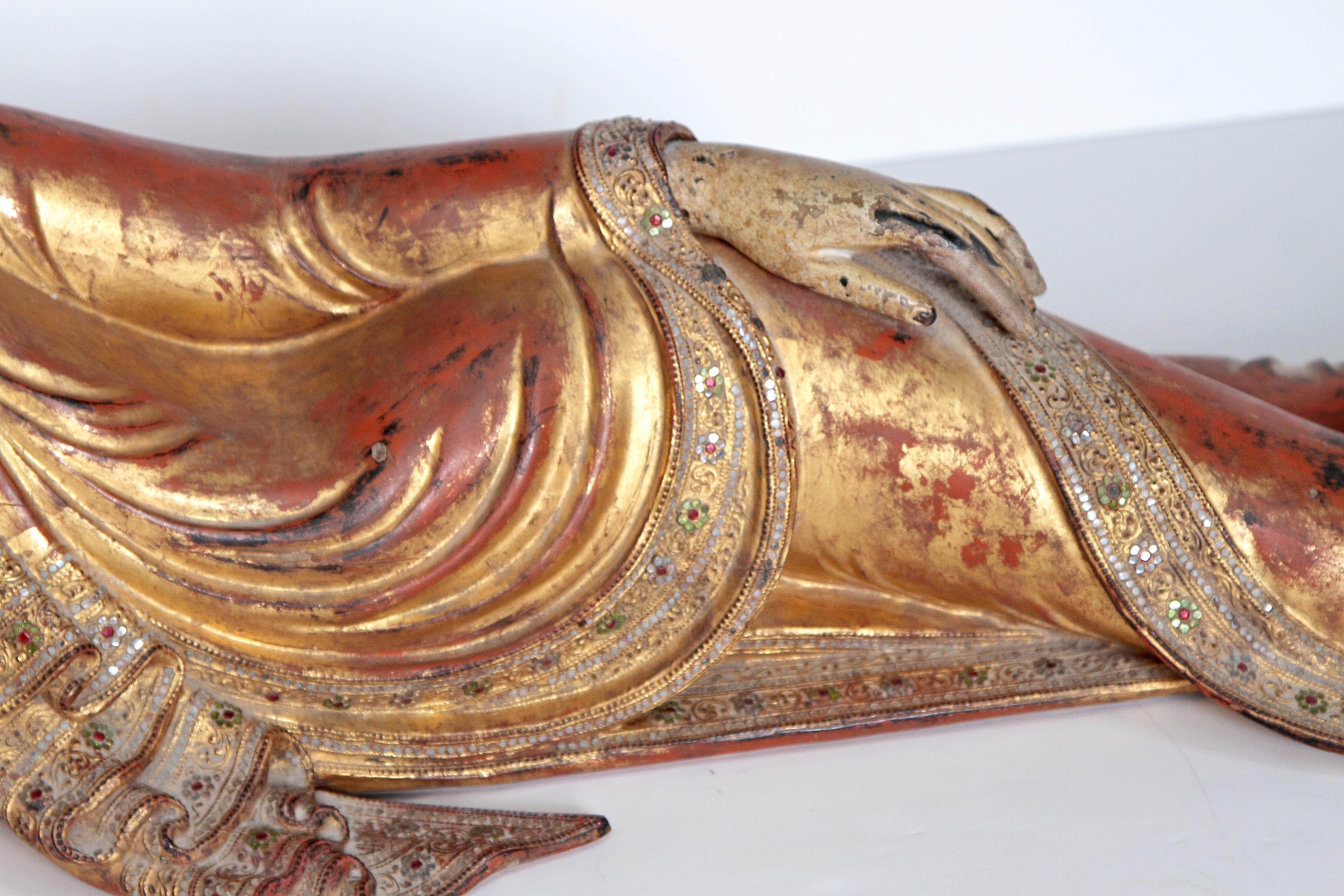 Thai Reclining Buddha or Draped in Golden Robes with a Jeweled Border and Headress