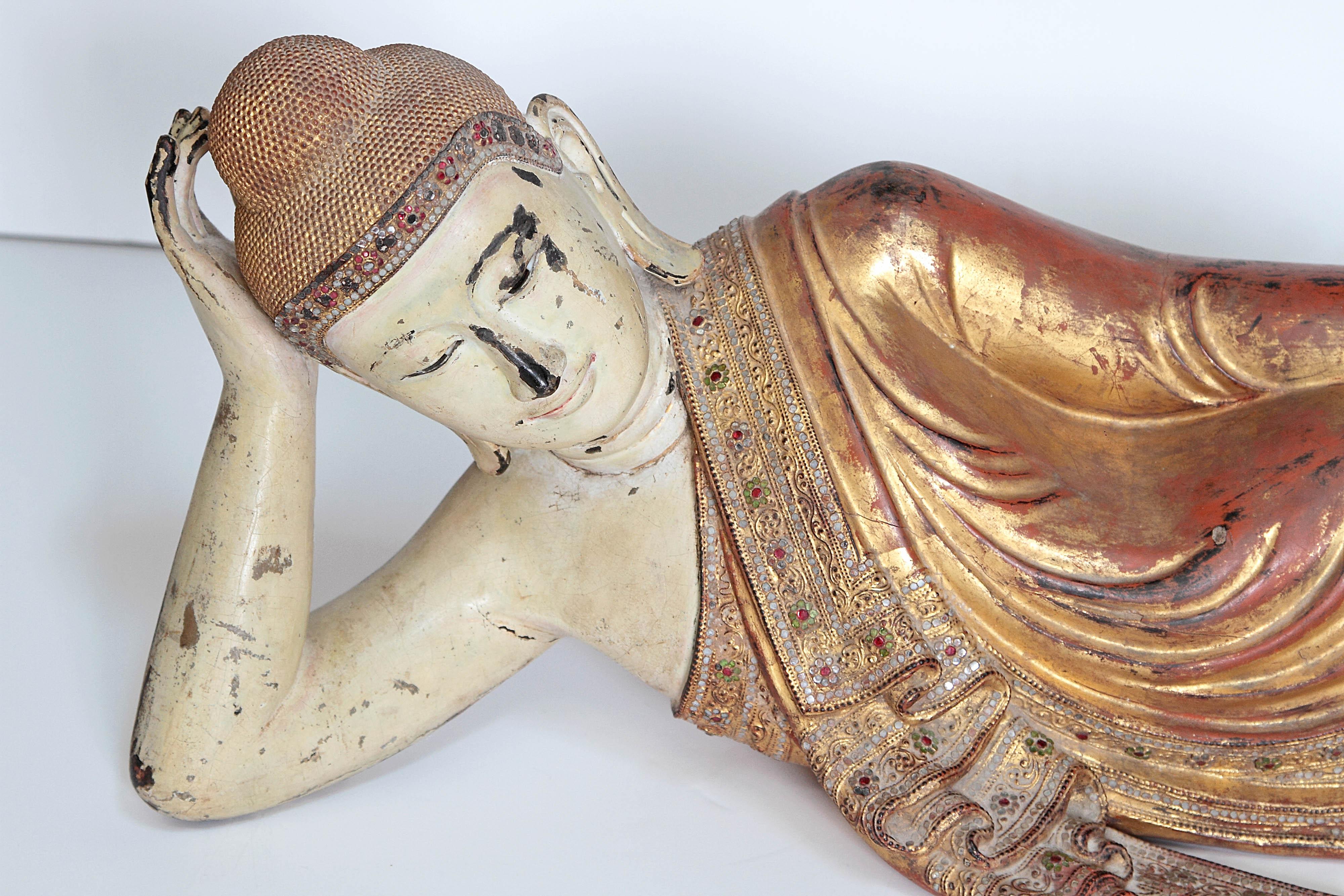 Reclining Buddha or Draped in Golden Robes with a Jeweled Border and Headress In Distressed Condition In Dallas, TX