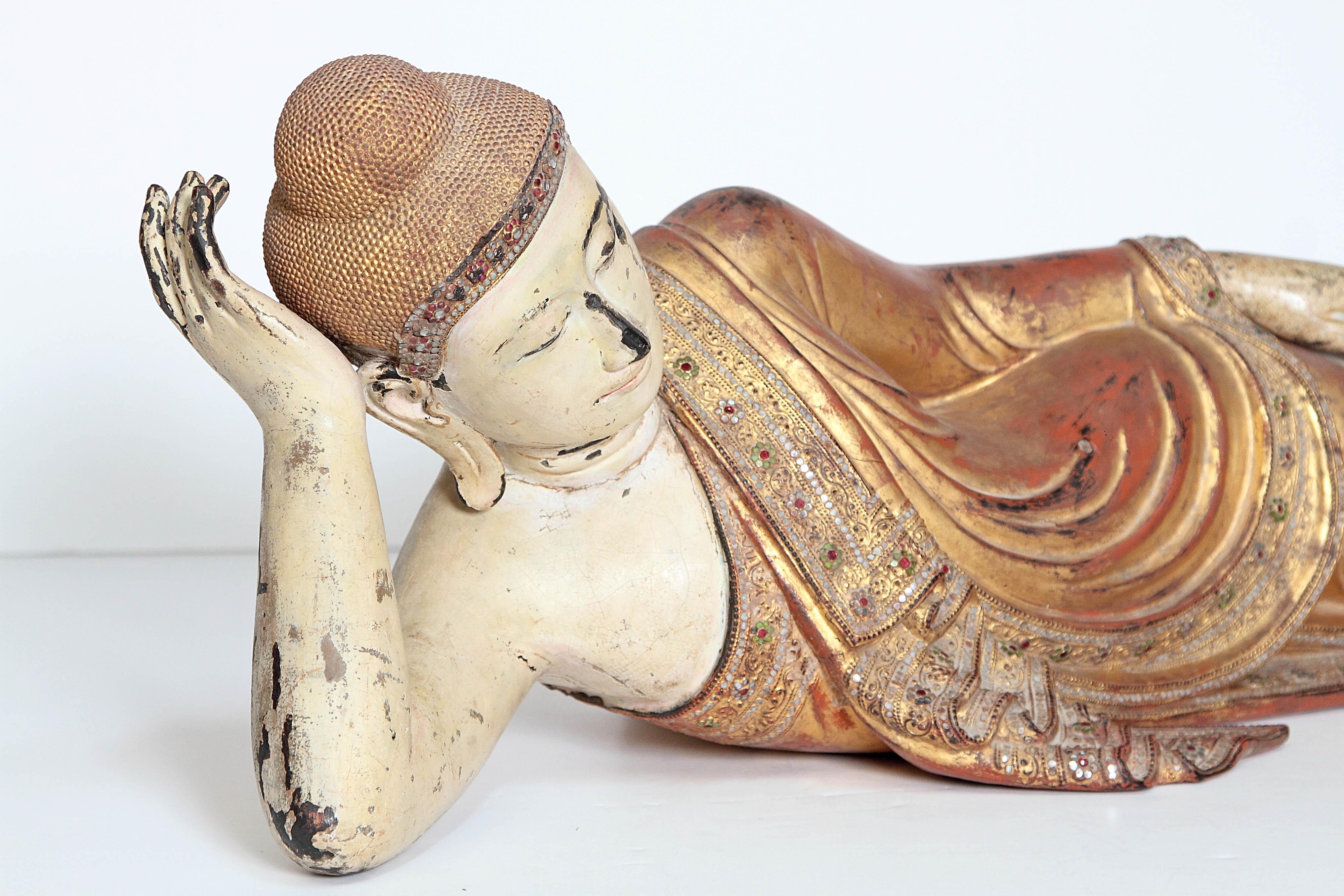 19th Century Reclining Buddha or Draped in Golden Robes with a Jeweled Border and Headress