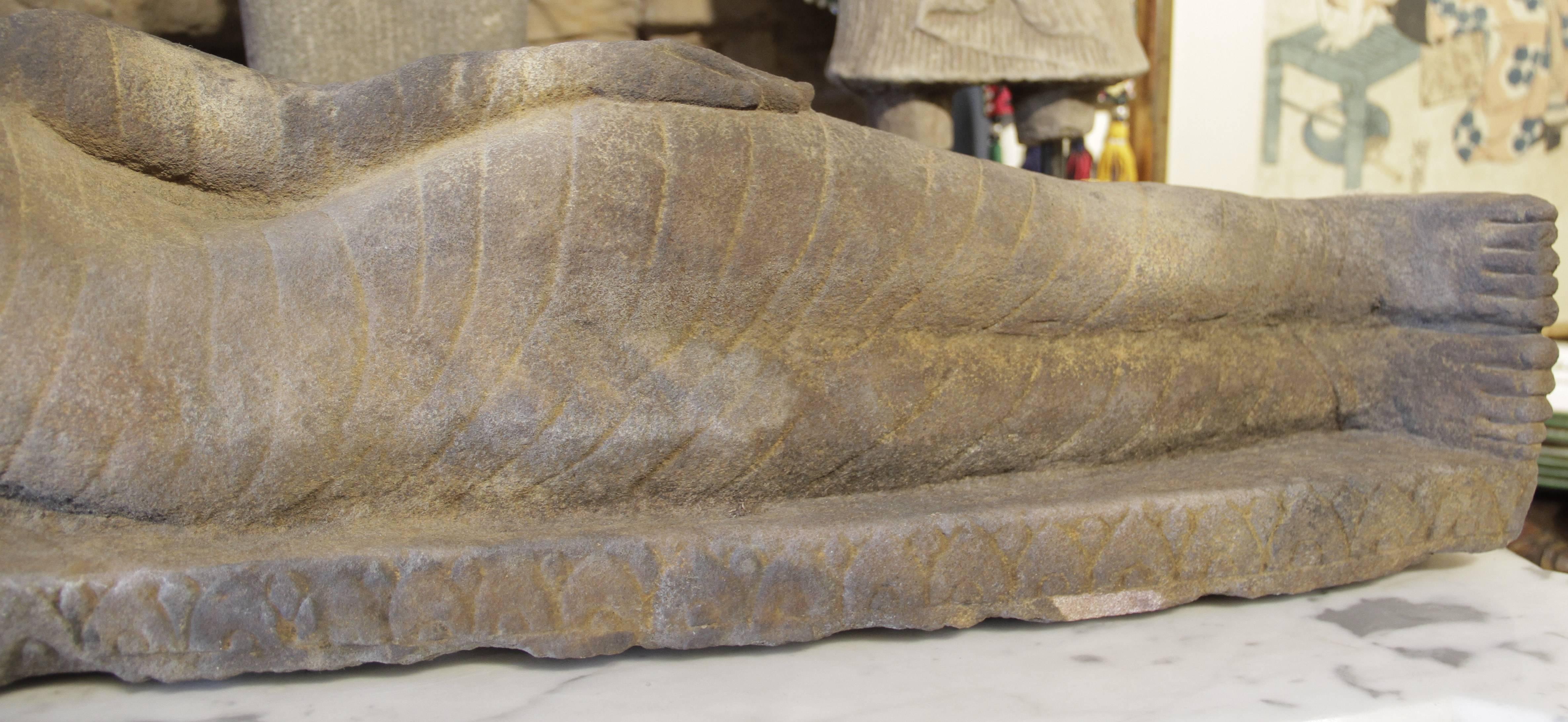 Hand-Carved Reclining Buddha Sandstone For Sale