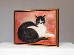 Huile sur toile pour chat couché signée par Charles Kiffer - Portrait de chat - années 1950