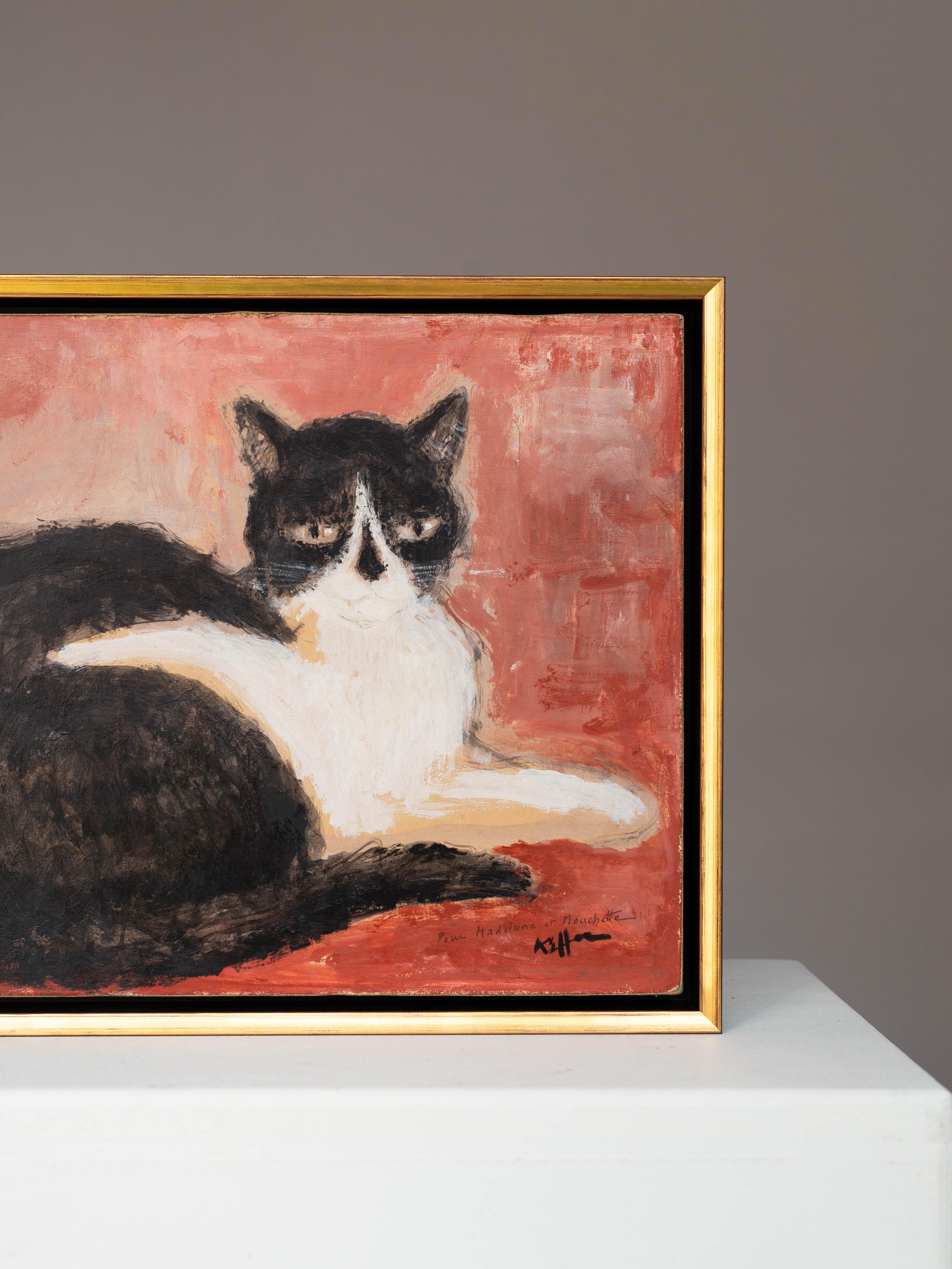 Liegende Katze Öl auf Leinwand Signiert von Charles Kiffer - Katzenporträt - 1950er Jahre (Moderne der Mitte des Jahrhunderts) im Angebot