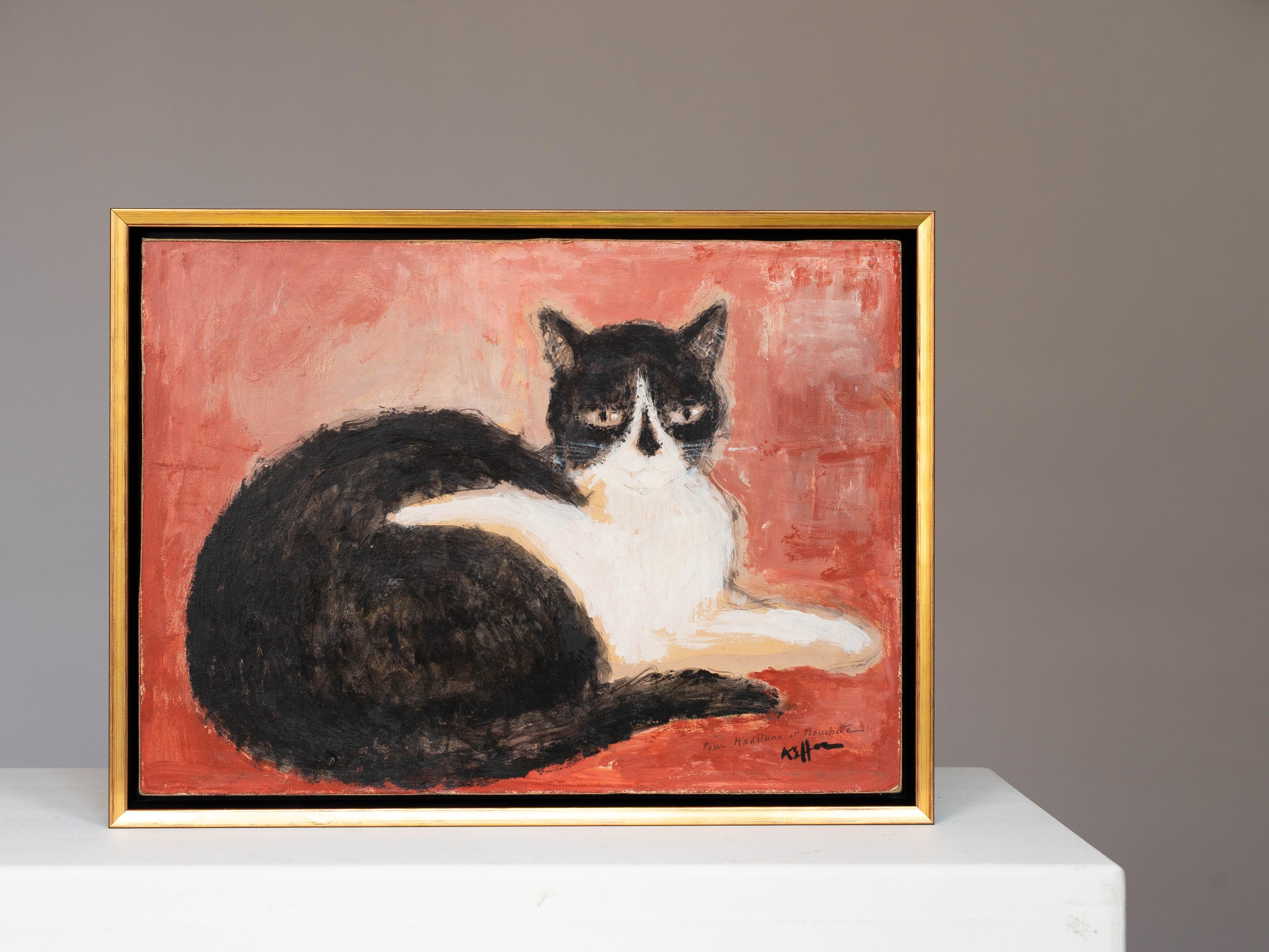 Liegende Katze Öl auf Leinwand Signiert von Charles Kiffer - Katzenporträt - 1950er Jahre (Französisch) im Angebot