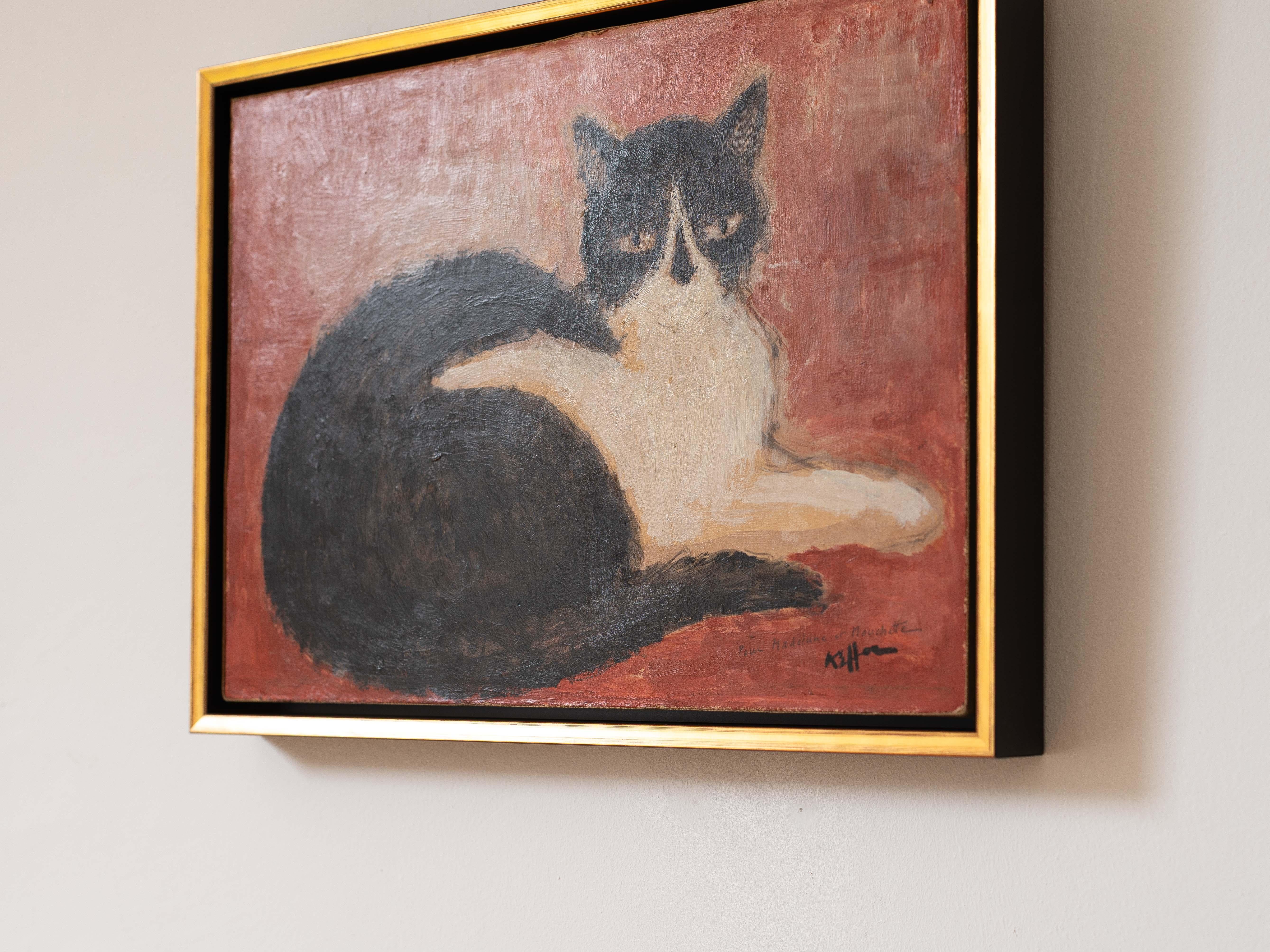 Liegende Katze Öl auf Leinwand Signiert von Charles Kiffer - Katzenporträt - 1950er Jahre im Zustand „Gut“ im Angebot in ROUEN, Normandie