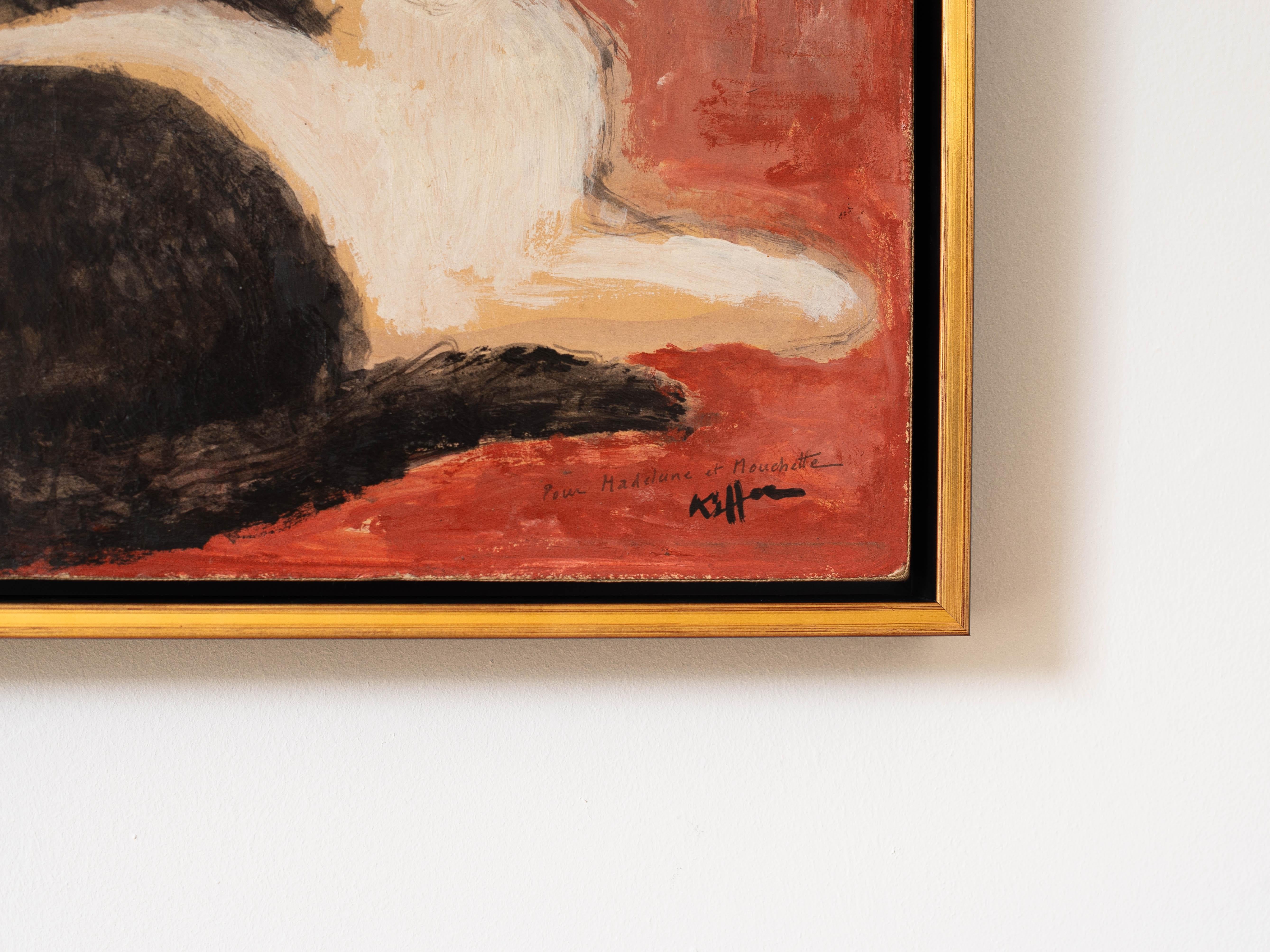 Liegende Katze Öl auf Leinwand Signiert von Charles Kiffer - Katzenporträt - 1950er Jahre (20. Jahrhundert) im Angebot