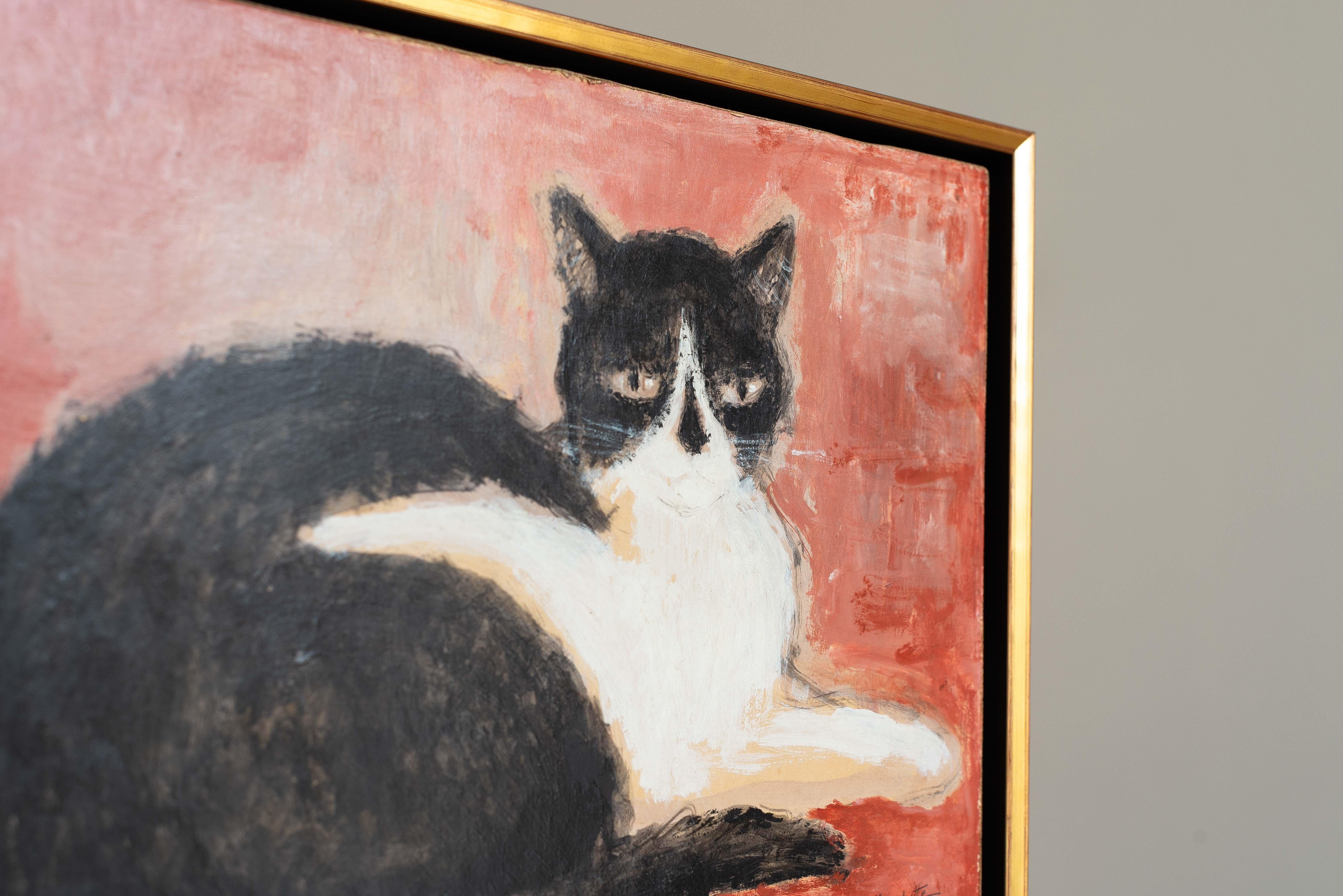 Liegende Katze Öl auf Leinwand Signiert von Charles Kiffer - Katzenporträt - 1950er Jahre im Angebot 1