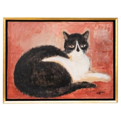Reclining Cat Oil on Canvas Signed by Charles Kiffer - Cat Portrait - 1950s