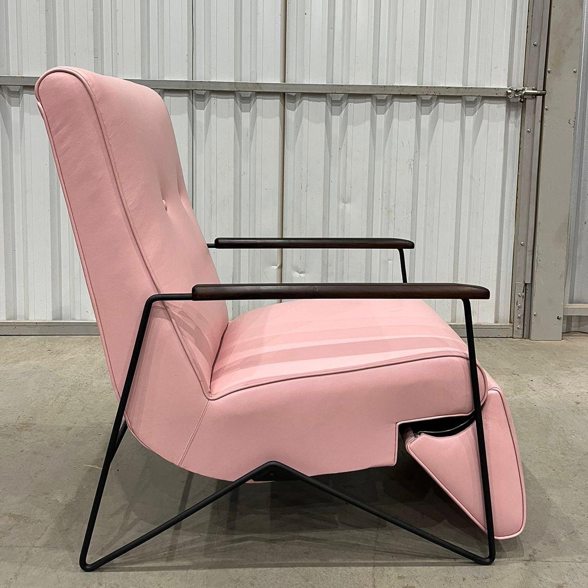 Mid-Century Modern Reclining Chair in Metal, Hardwood & Leather, Ernesto Hauner, 1960, Brazil For Sale