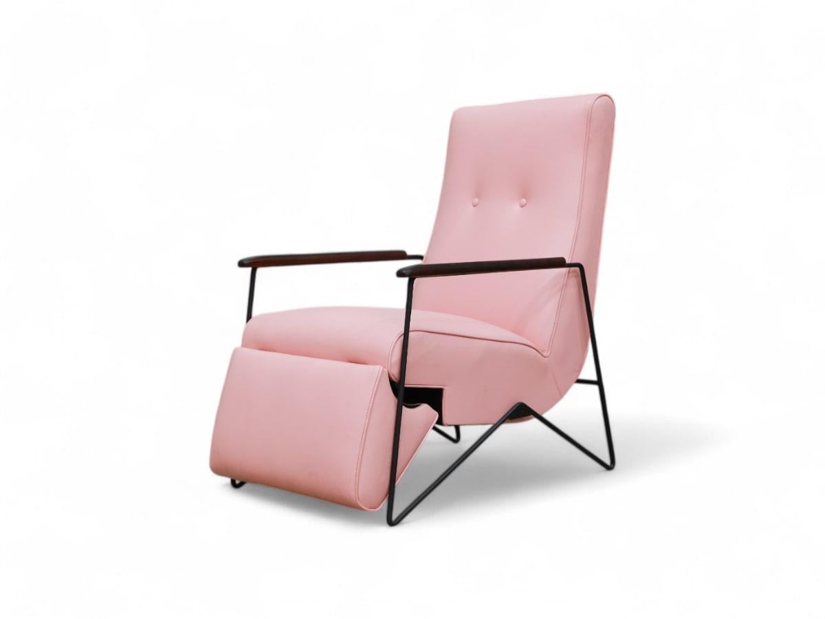 Mid-Century Modern Reclining Chair in Metal, Hardwood & Leather, Ernesto Hauner, 1960, Brazil For Sale