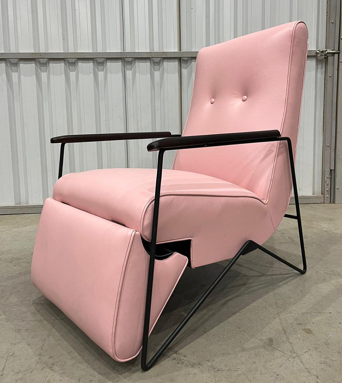 Metalwork Reclining Chair in Metal, Hardwood & Leather, Ernesto Hauner, 1960, Brazil For Sale