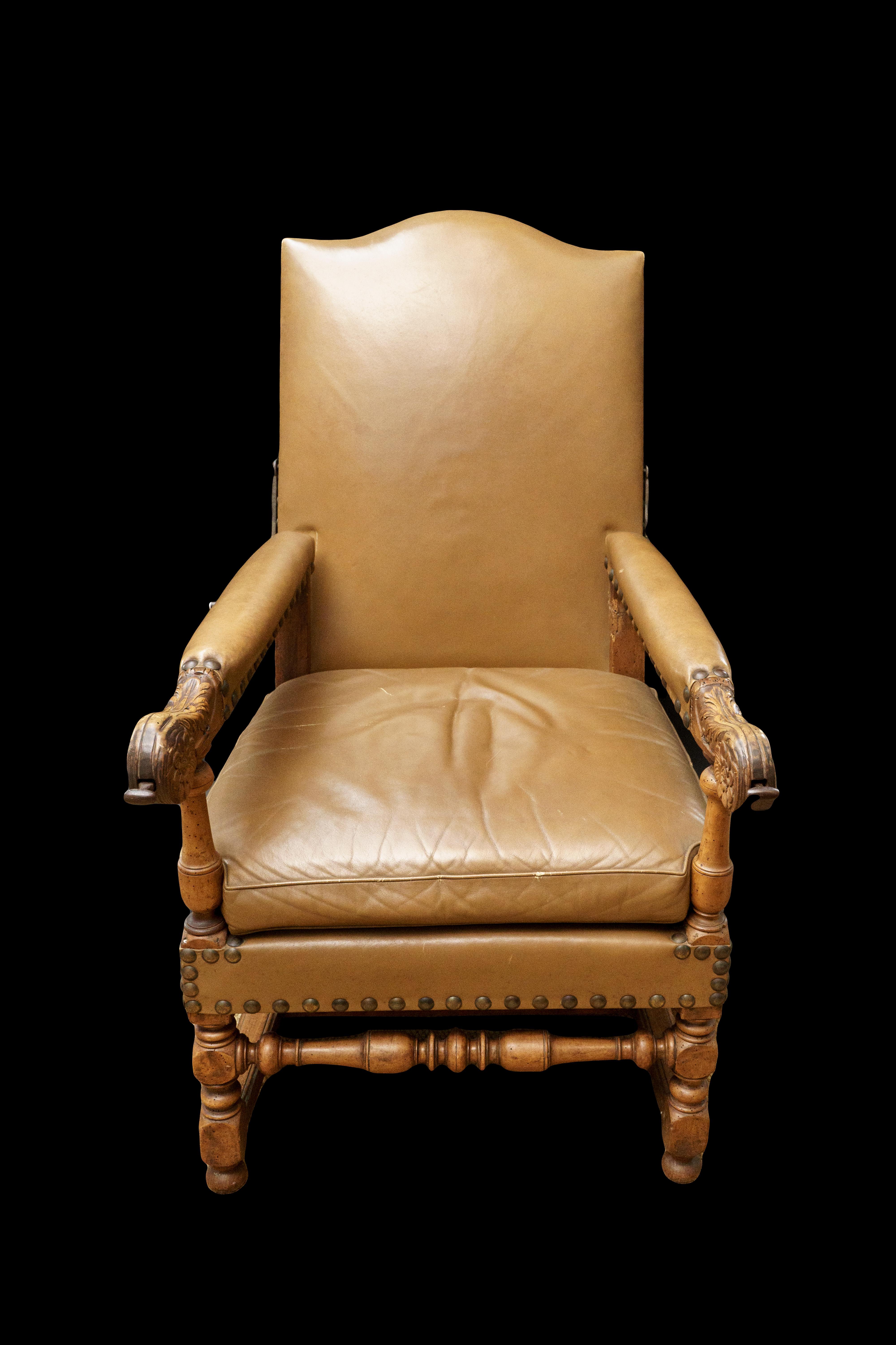 This elegant Reclining Chair Louis XIV is a stunning example of 17th Century French country furniture design and a very rare find. The chair's metal mechanism allows the user to adjust the backrest to a reclining position, offering both comfort and